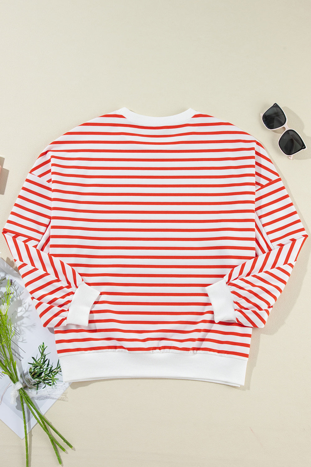 Orange Stripe Drop Shoulder Crew Neck Loose Sweatshirt eAura