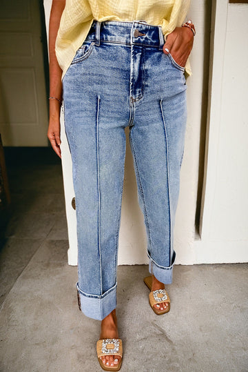 Center Seam Cuffed Hem Straight High Waist Jeans - eAura