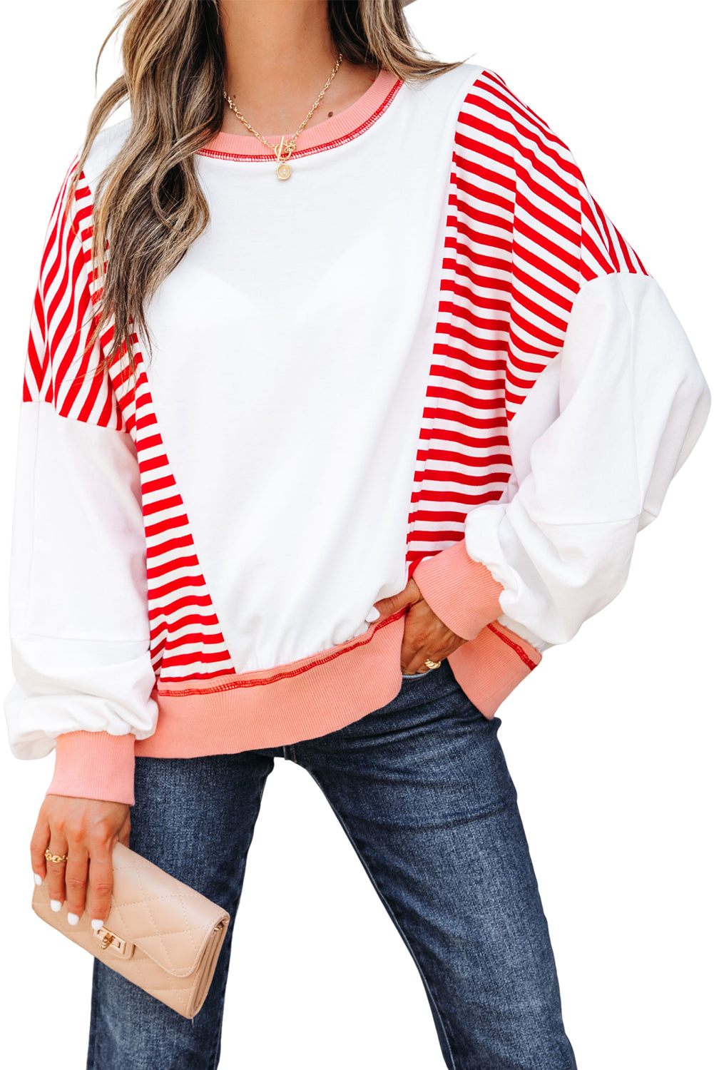 Striped Contrast Stitching Oversized Sweatshirt - eAura