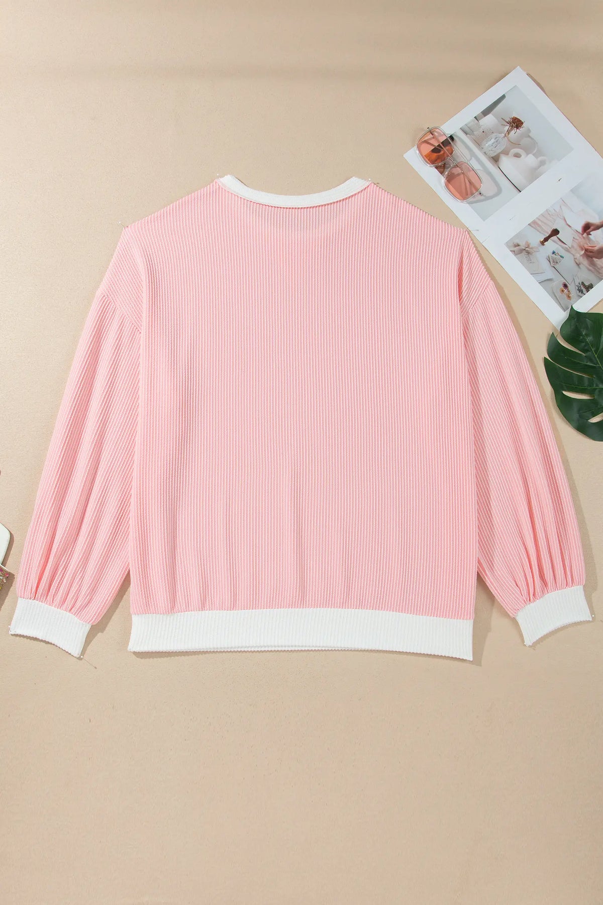 Ribbed Knit Colourblock Long Sleeve Round Neck Plus Size Blouse – Pink
