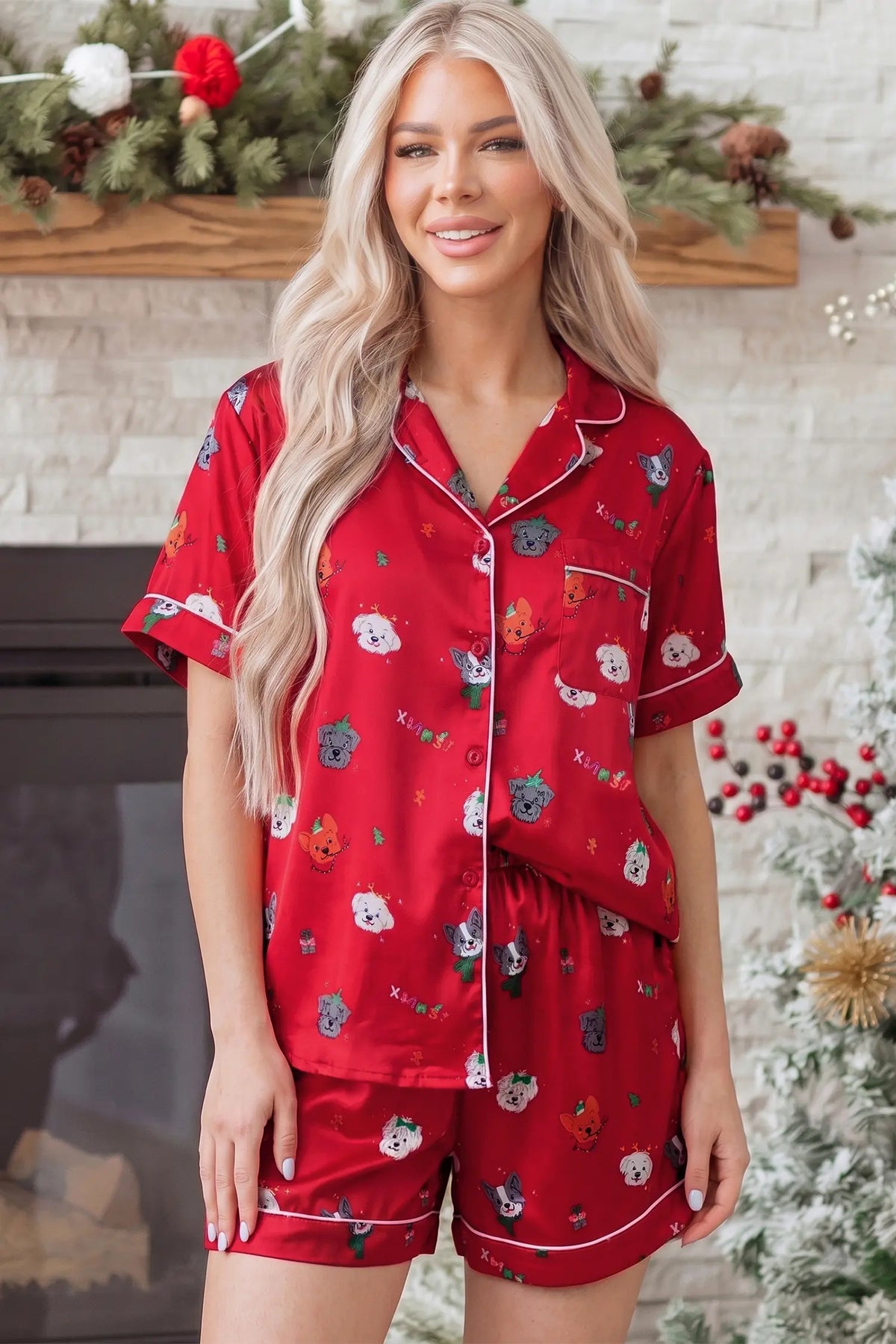 Short Sleeve Two Piece Lounge Set — Festive Dog Print