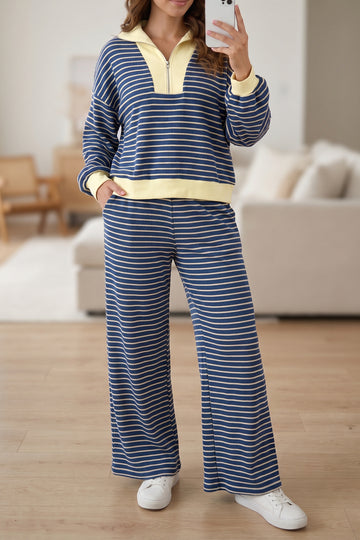 Color Block Patchwork Zip V Neck Pullover Loose Pants 2pcs Set – Blue Stripe