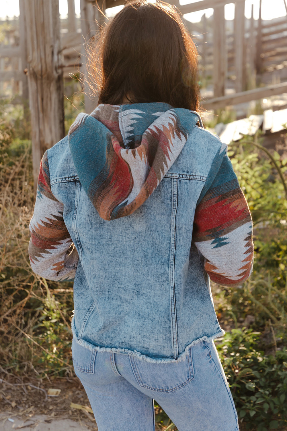 Multicolour Aztec Print Frayed Hem Denim Jacket eAura