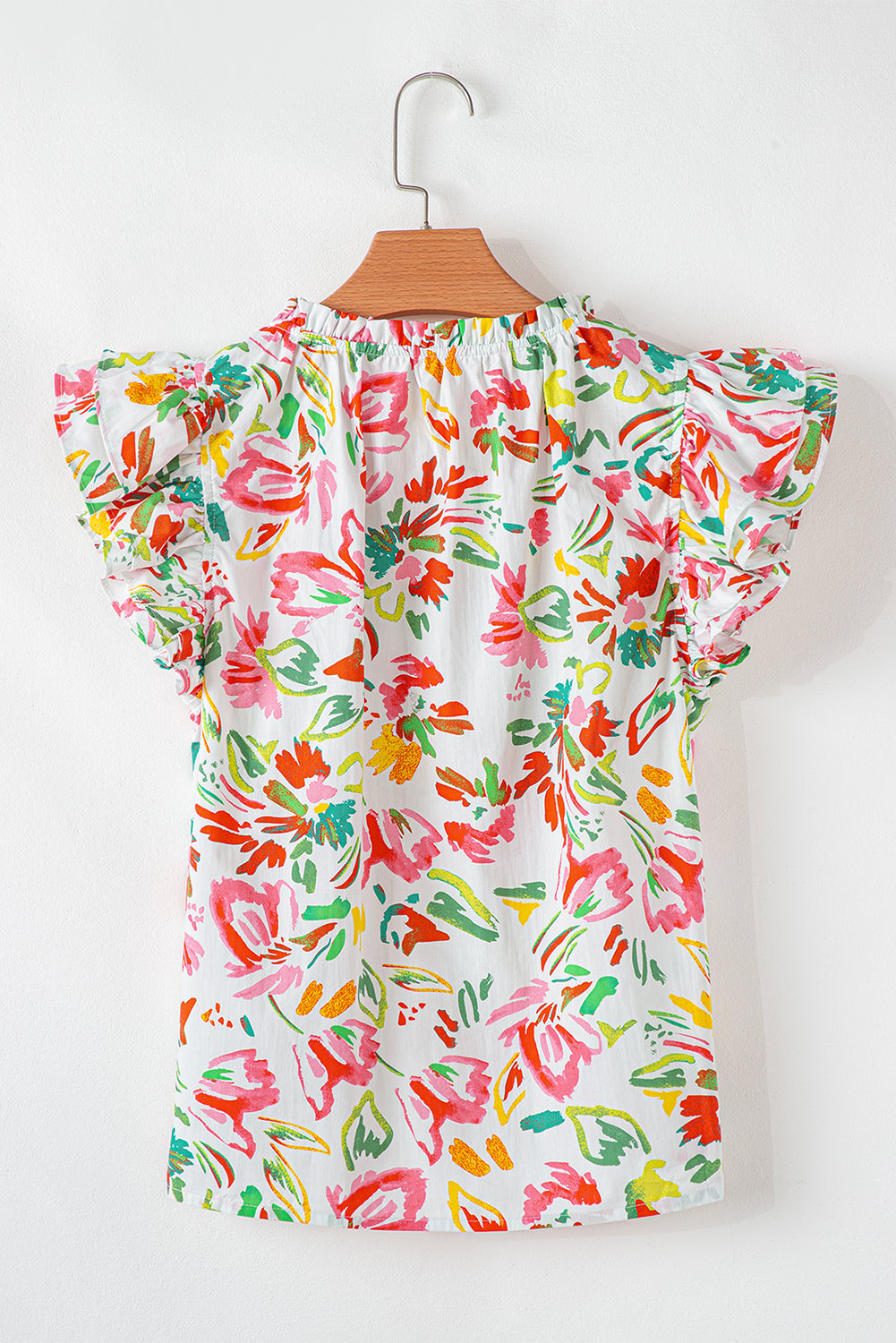 Multicolour Allover Floral Print Flutter Sleeve Split Neck Blouse eAura