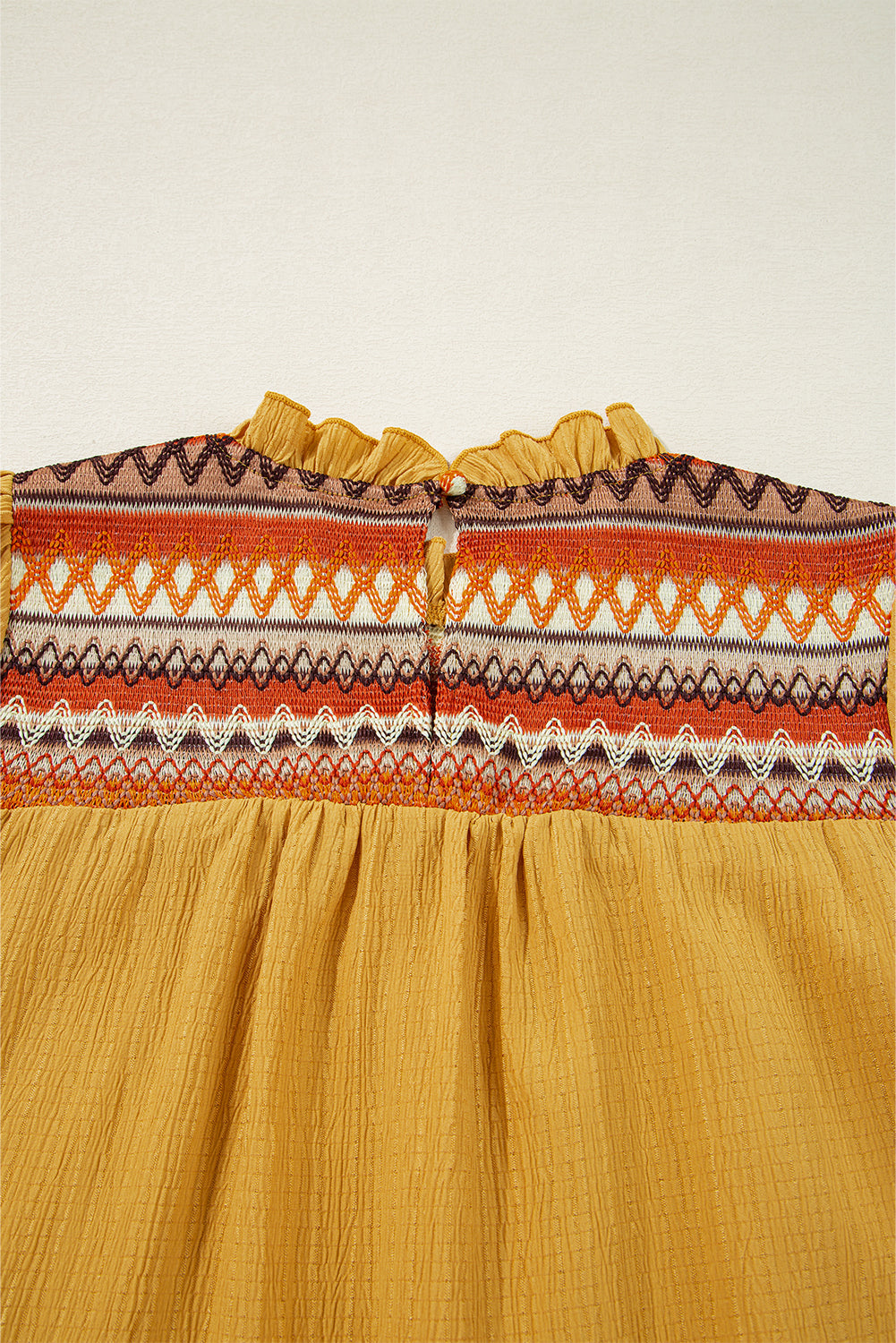 Mustard Geometric Short Puff Sleeve Frilled Collar Blouse eAura