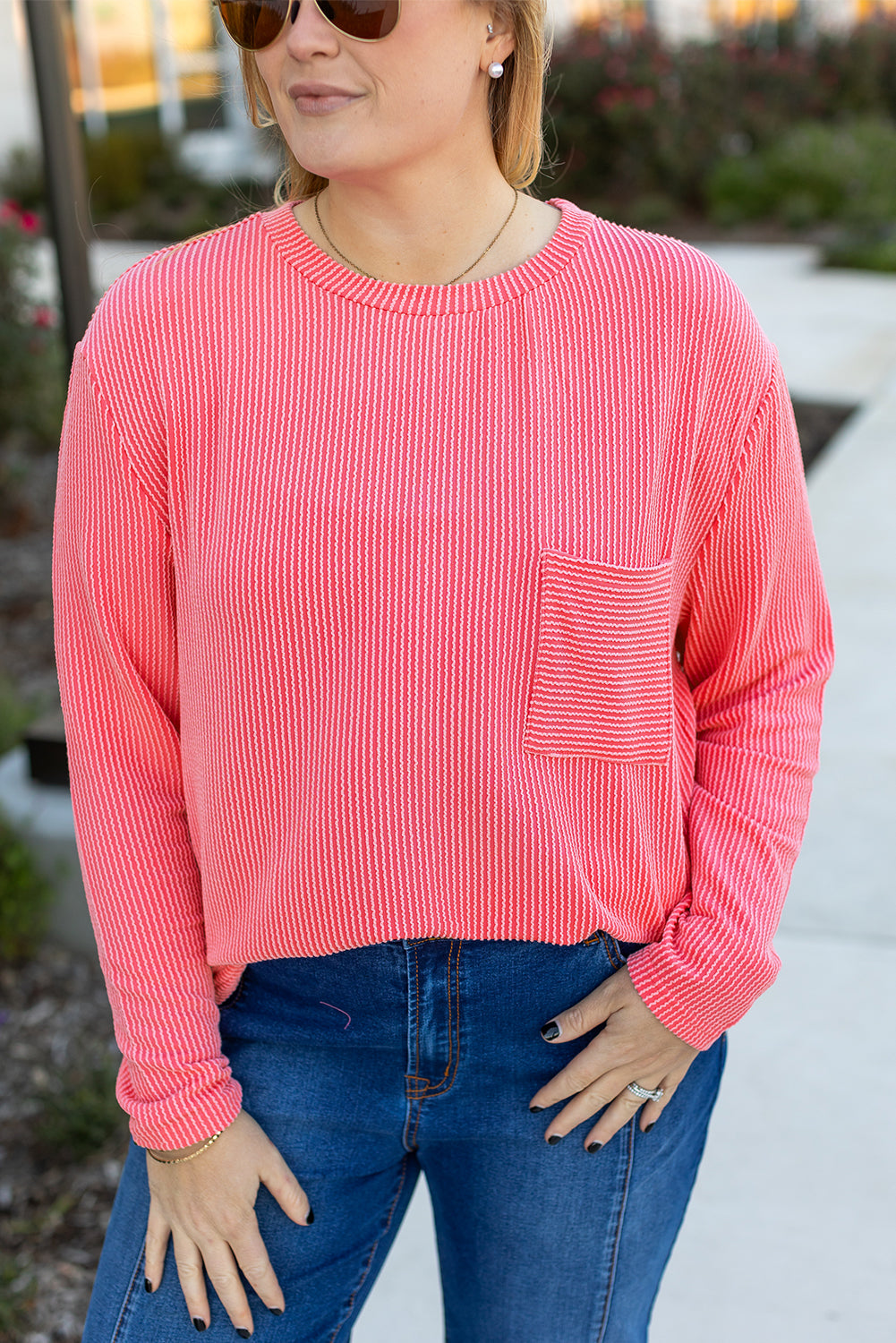 Peach Blossom Plus Size Ribbed Textured Long Sleeve T Shirt BB Fashion Outlet