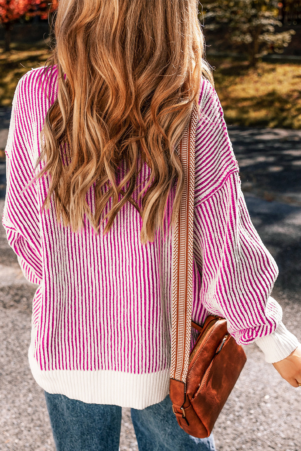 Bright Pink Striped Textured Knit Contrast Edge Loose Sweater eAura