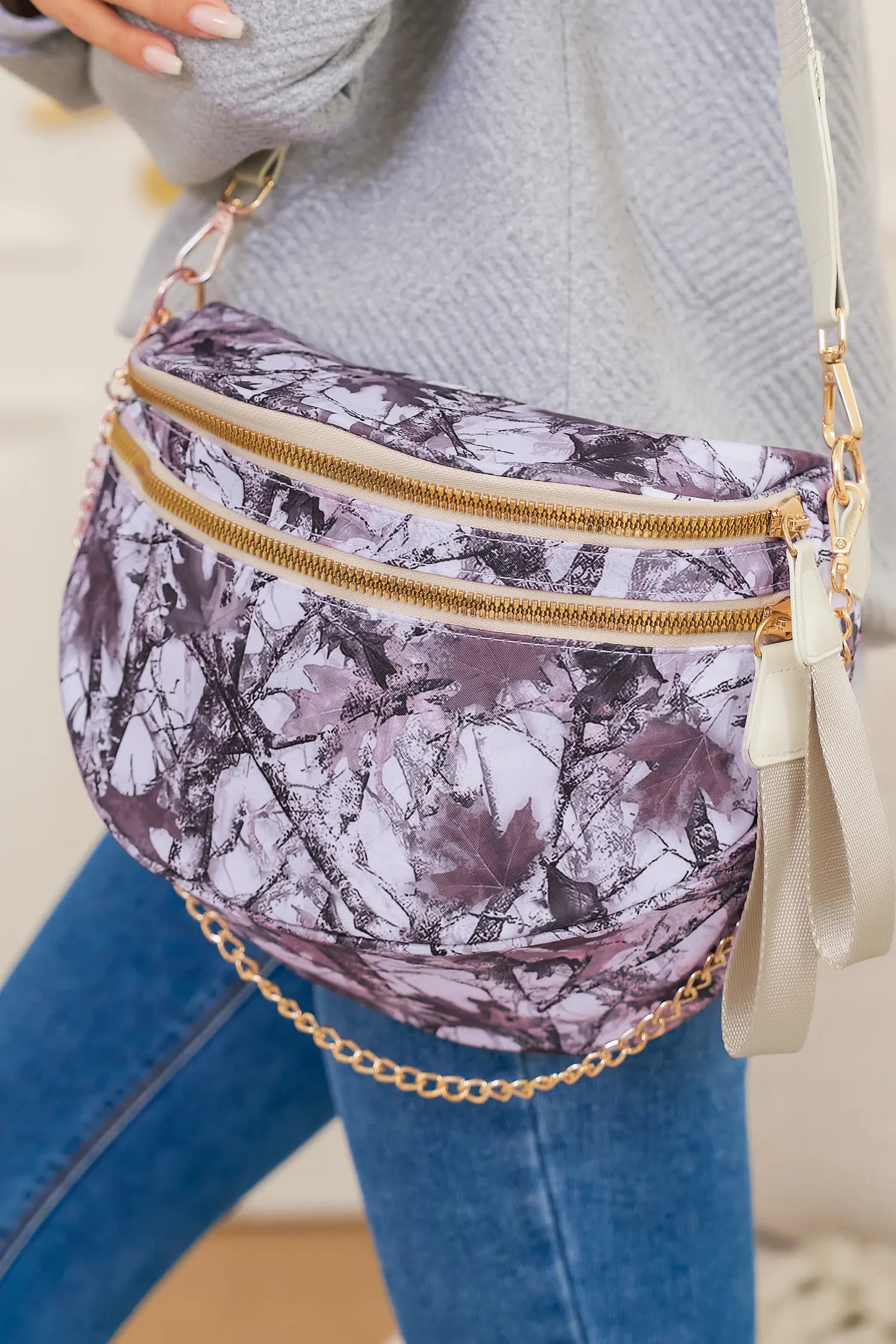Camel Polka Dot Print Double Zip Fashion Crossbody Bag