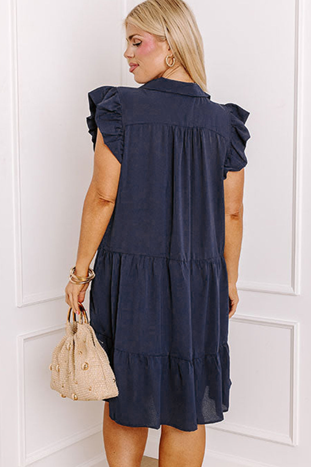 Navy Blue Collared V Neck Flutter Sleeve Tiered Plus Size Dress BB Fashion Outlet