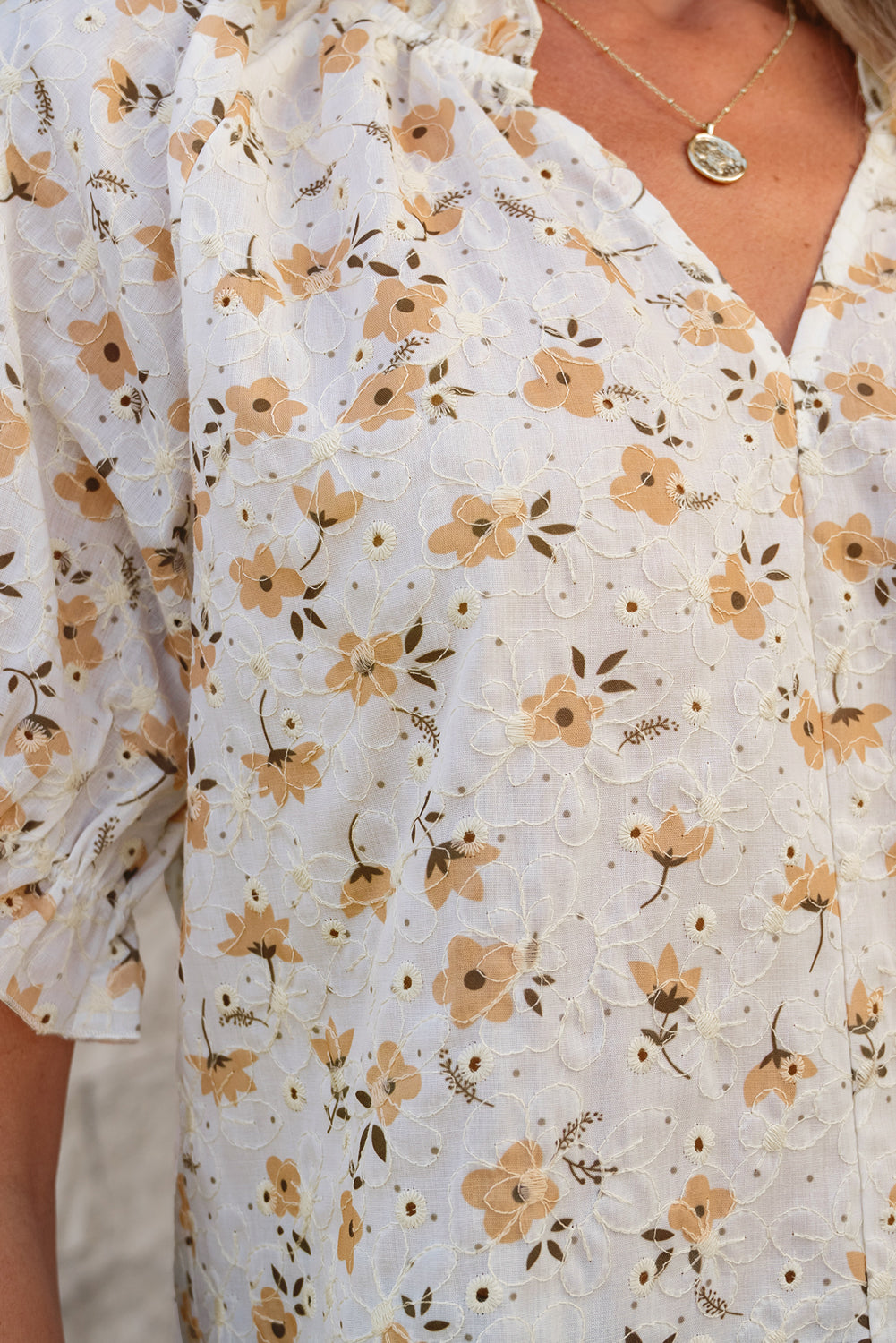 White Floral Eyelet Embroidered Puff Sleeve Notch V Neck Blouse eAura