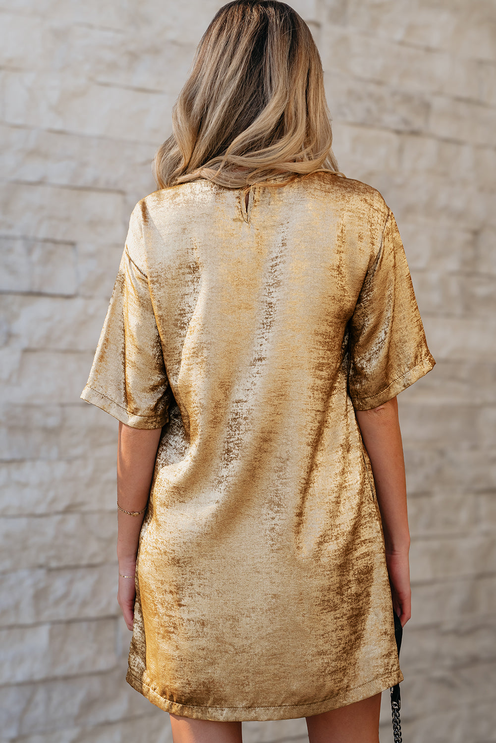 Gold Metallic Luster Crewneck Mini T-Shirt Dress eAura