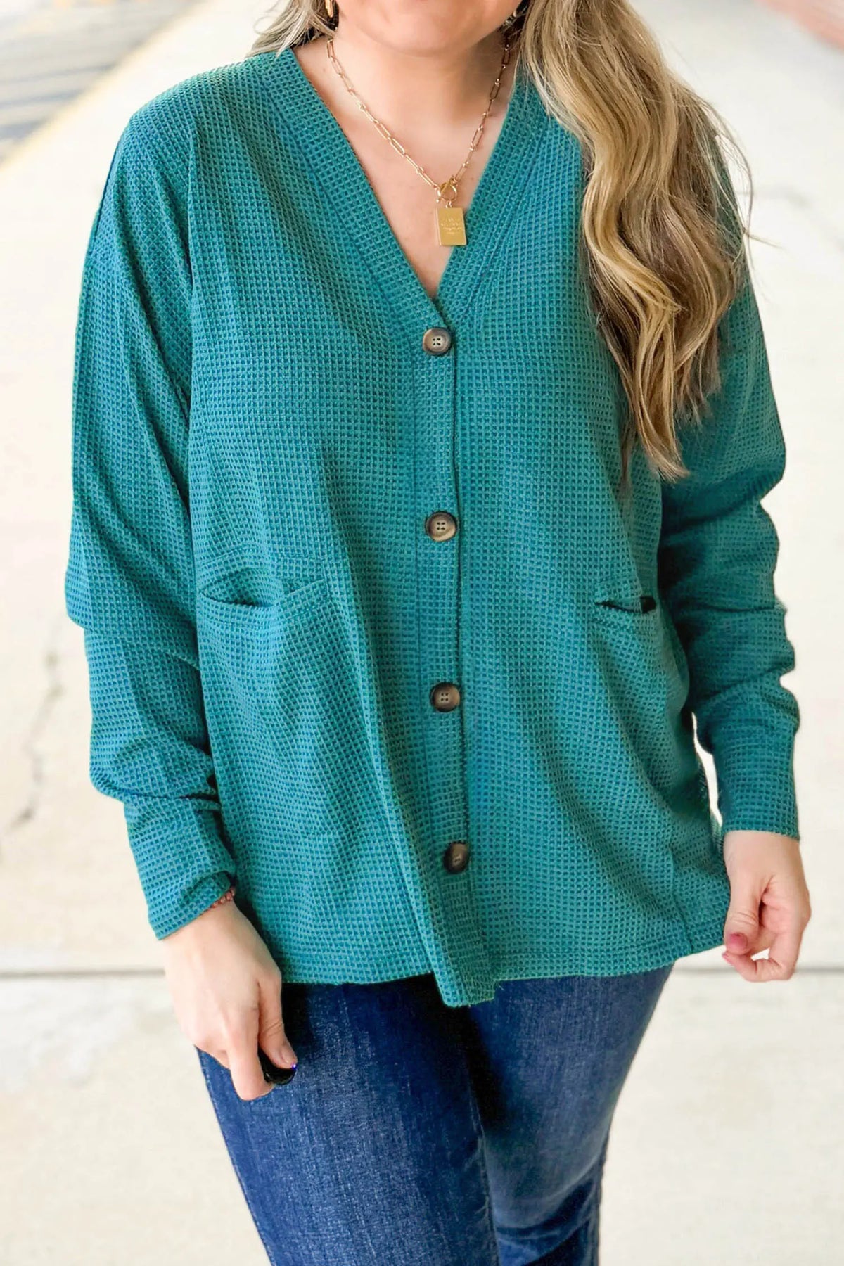 V Neck Waffle Textured Button Front Tunic Long Sleeve Plus Size Cardigan – Lapis