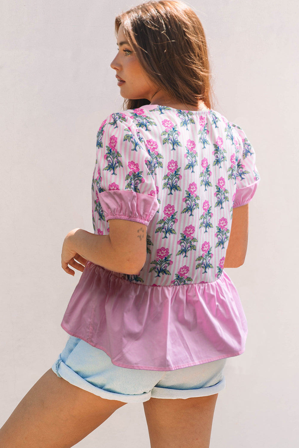 Rose Floral Striped Print Contrast Patchwork Ruffle Hem Blouse eAura