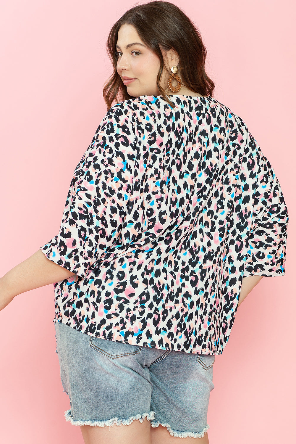 Brown Leopard Print V Neck Batwing Sleeve Plus Size Top BB Fashion Outlet