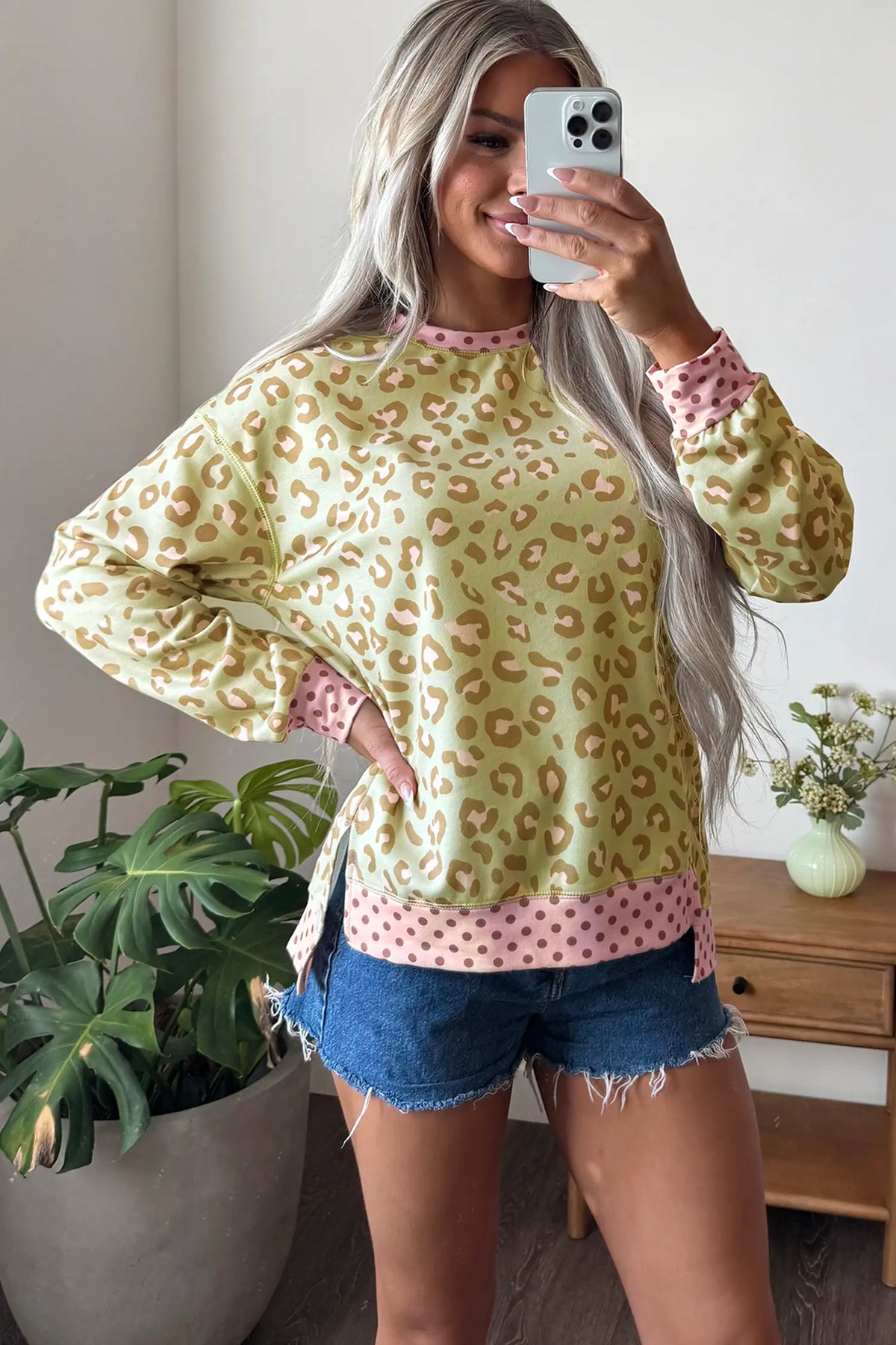 Leopard Polka Dot Colourblock Trim Long Sleeve Top – Khaki