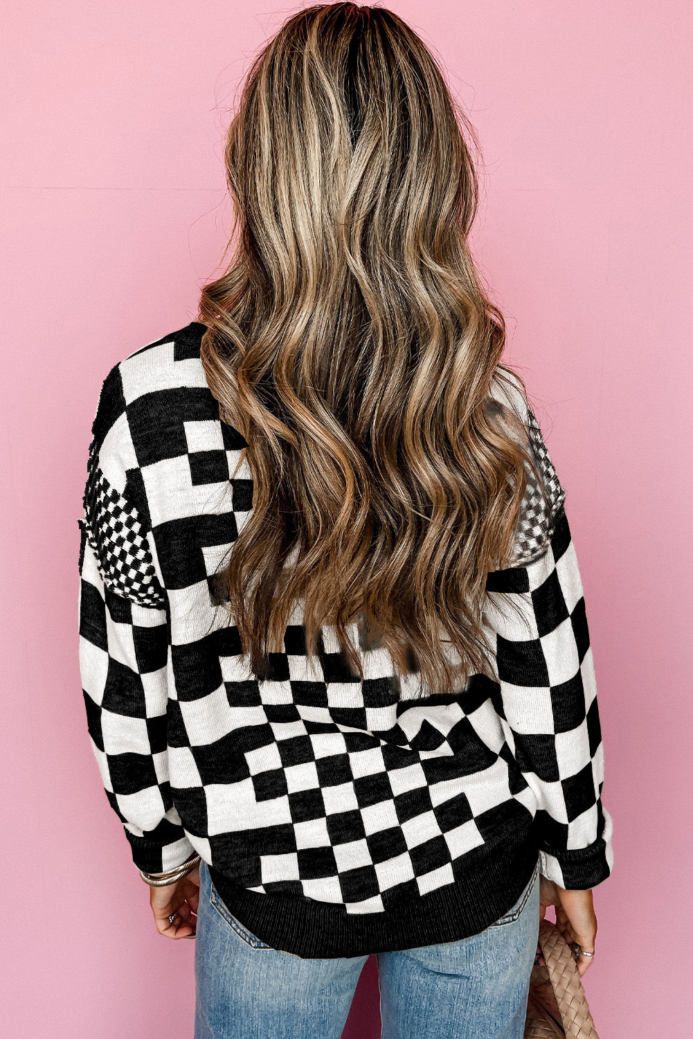 Khaki Checkered Print Drop Shoulder Round Neck Sweater eAura