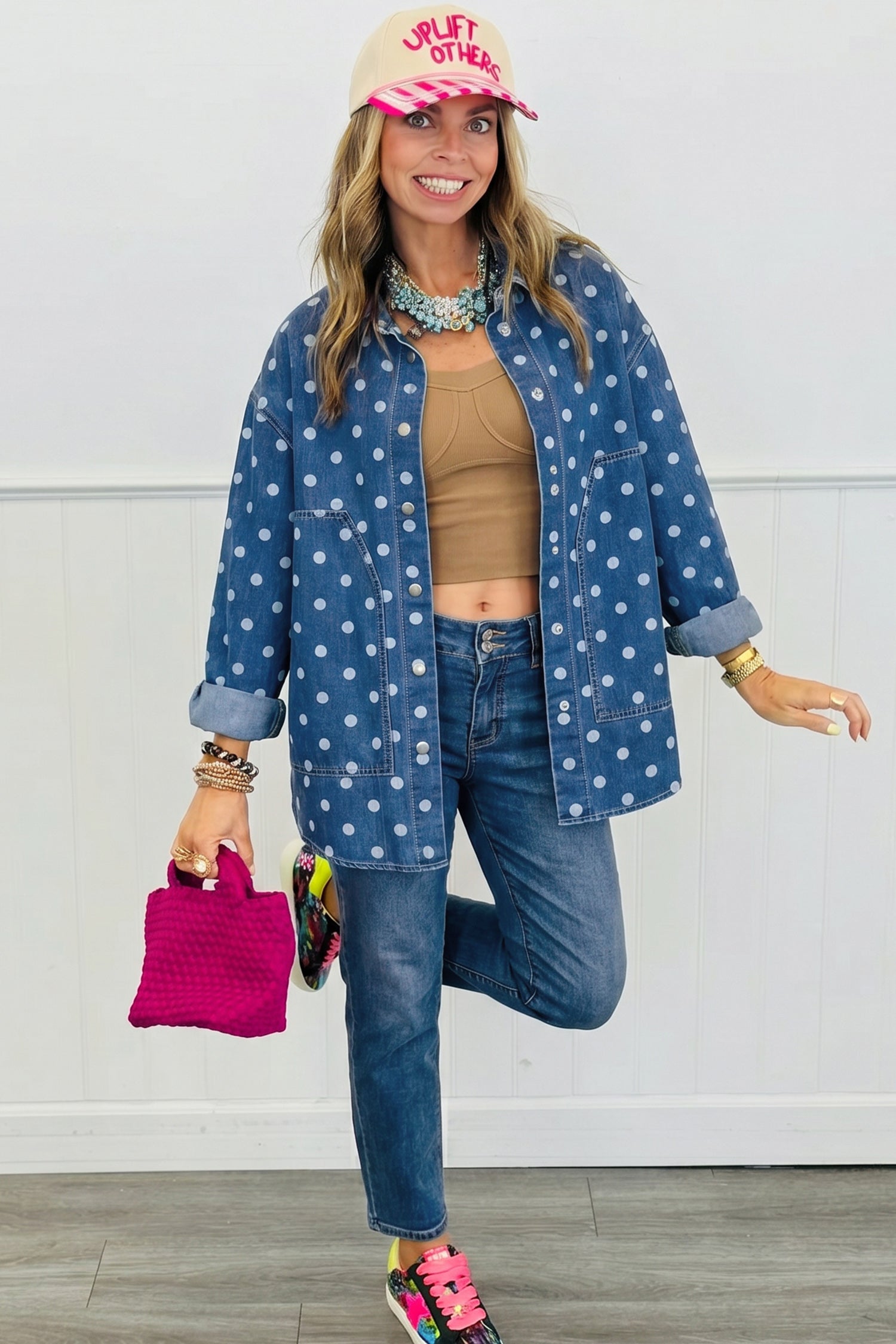 Polka Dot Long Sleeve Collar Shift Tunic Denim Jacket – Blue