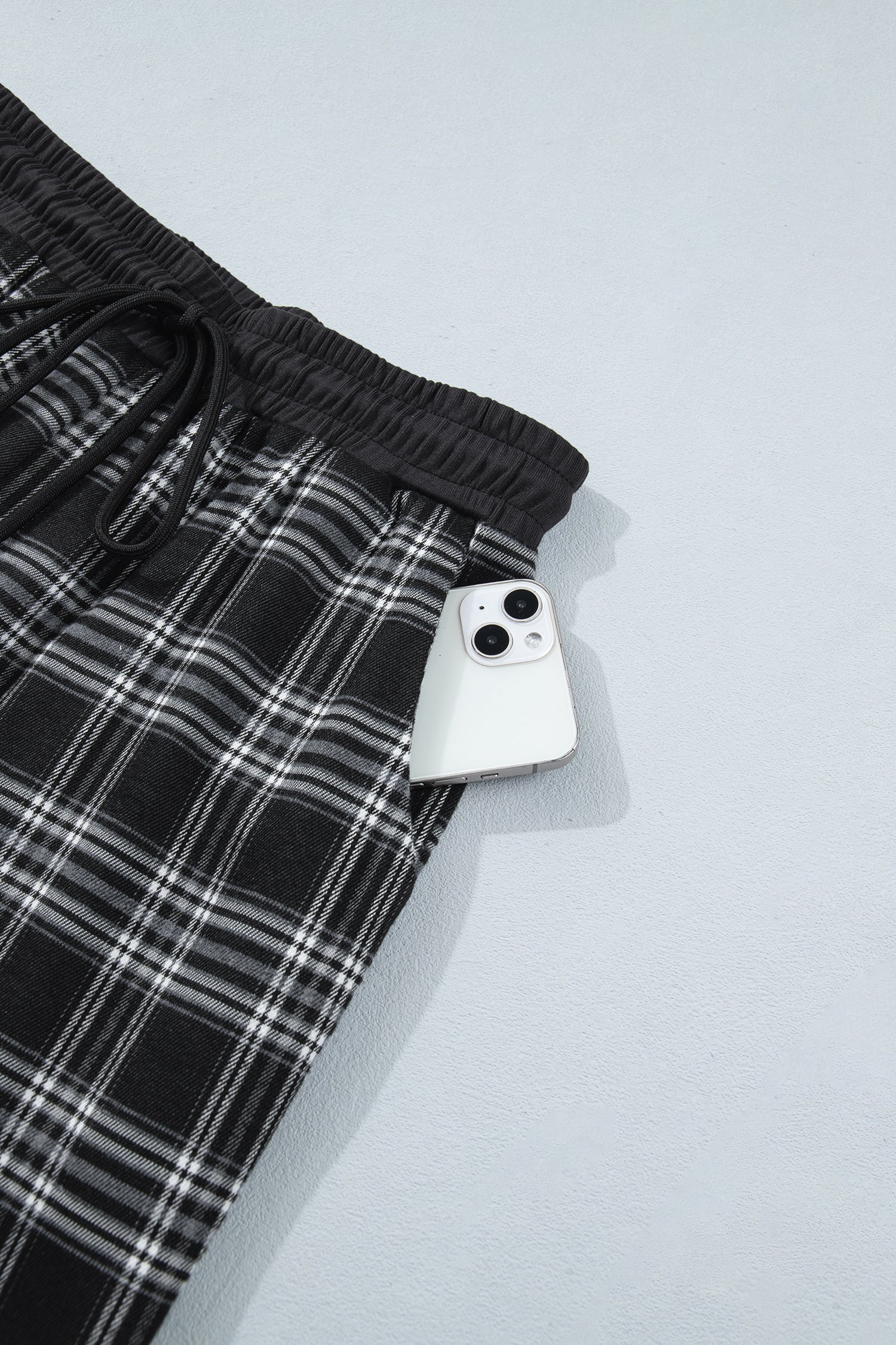 Frenchy Plaid Pattern Contrast Drawstring Waist Wide Leg Pants – Black