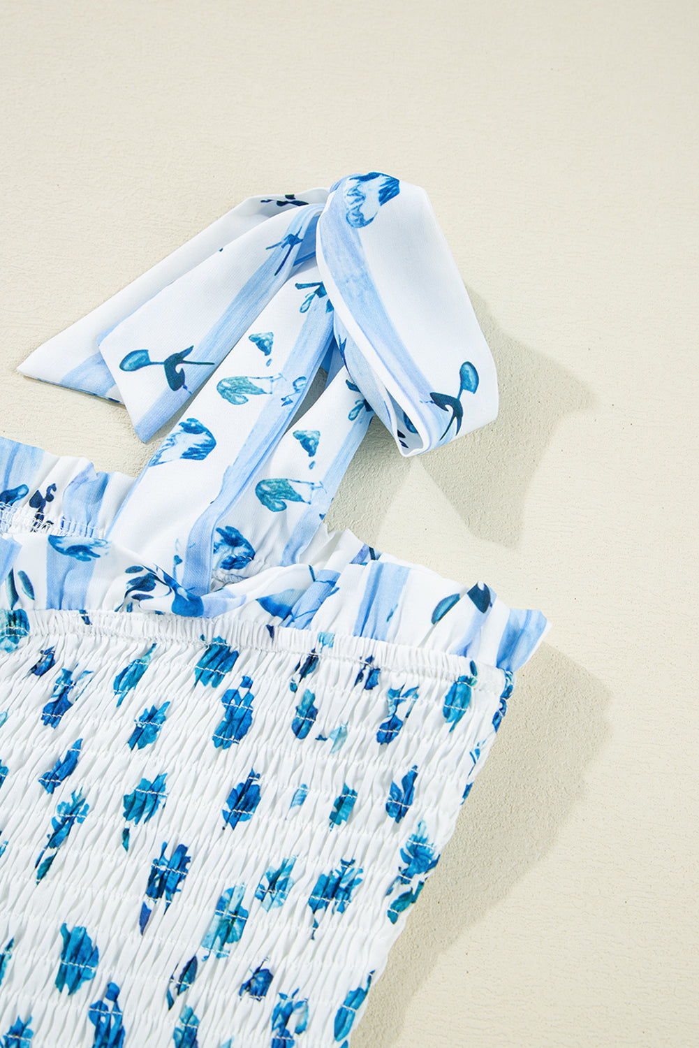 Sky Blue Floral Smocked Tied Straps A-Lined Tiered Maxi Dress eAura