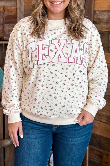 Apricot Floral Print Texas Long Sleeve Ribbed Neck Tunic Plus Size Sweatshirt – Beige