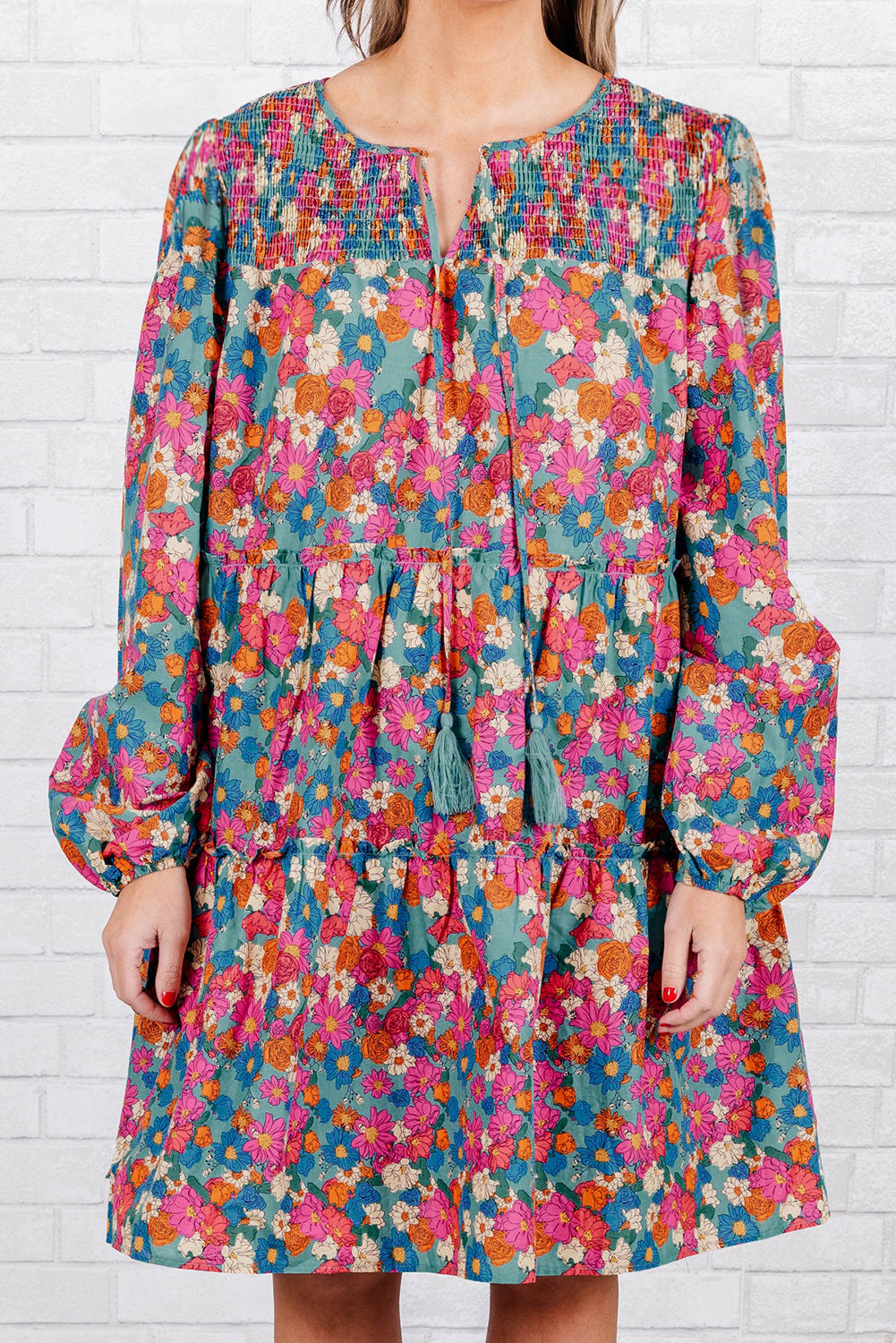 Sky Blue Plus Size Floral Print Shirred Ruffle Tiered Mini Dress BB Fashion Outlet