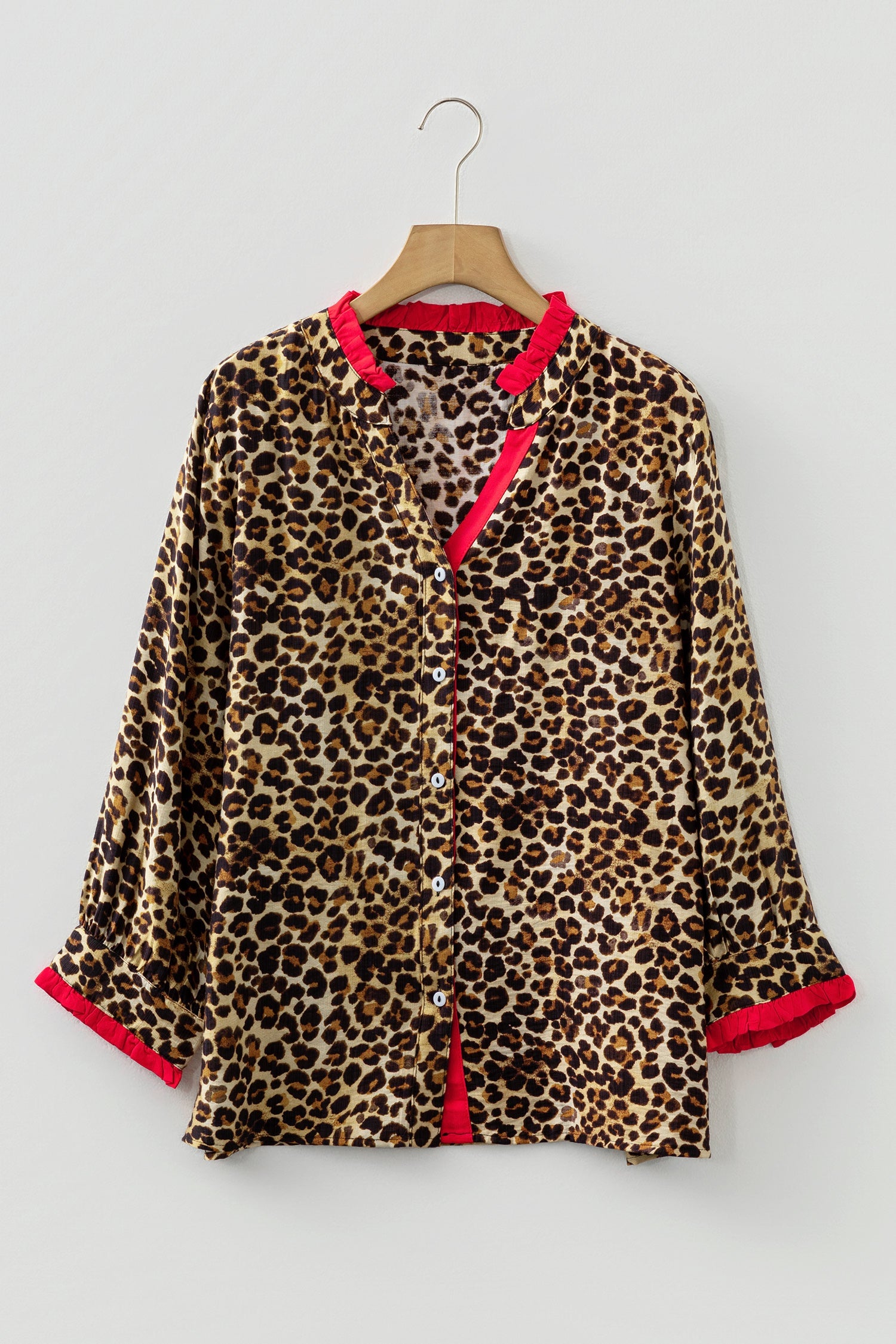 Leopard Allure Contrast Ruffle Trim V-Neck Shirt - eAura