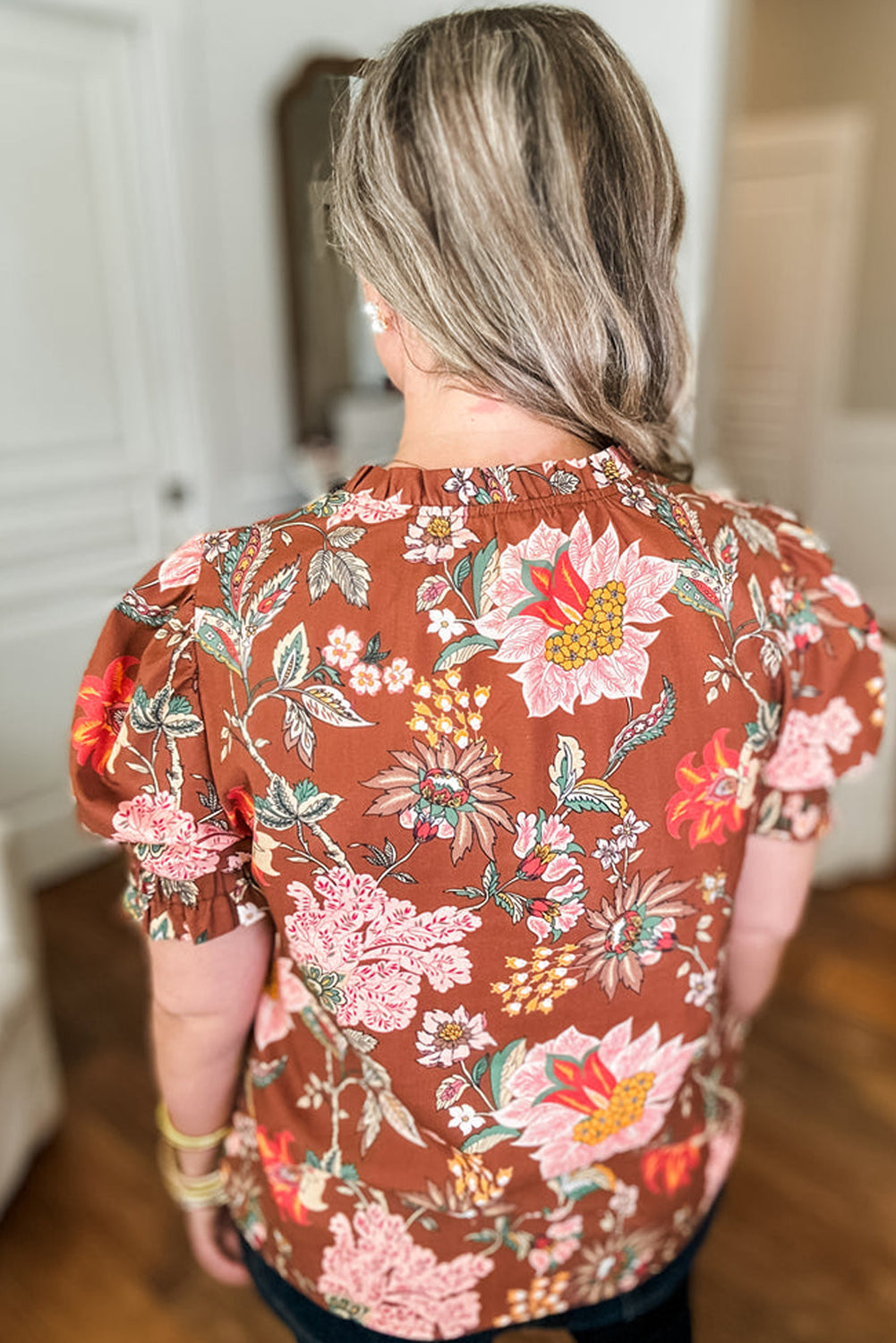 Brown Floral Stitched V Neck Frilled Trim Puff Short Sleeve Blouse BB Fashion Outlet