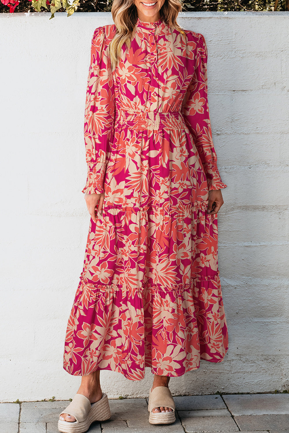Rose Floral Print Buttoned Smocked High Waist Maxi Dress eAura