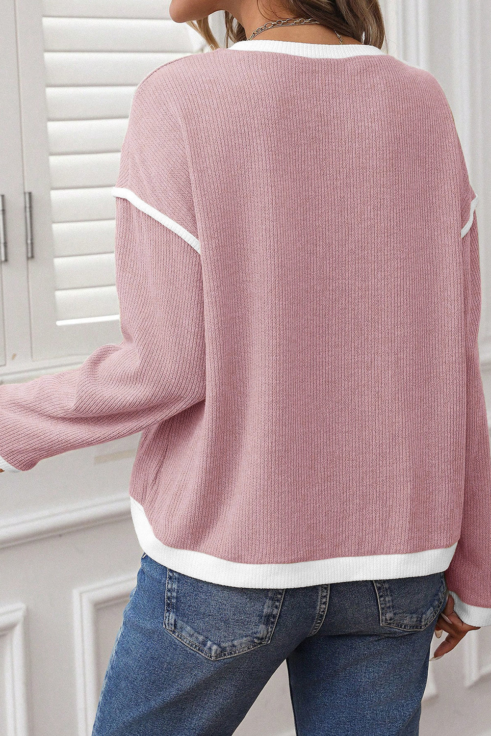 Contrast Colour Trim Knit Drop Shoulder Top - Tops/Long Sleeve Tops