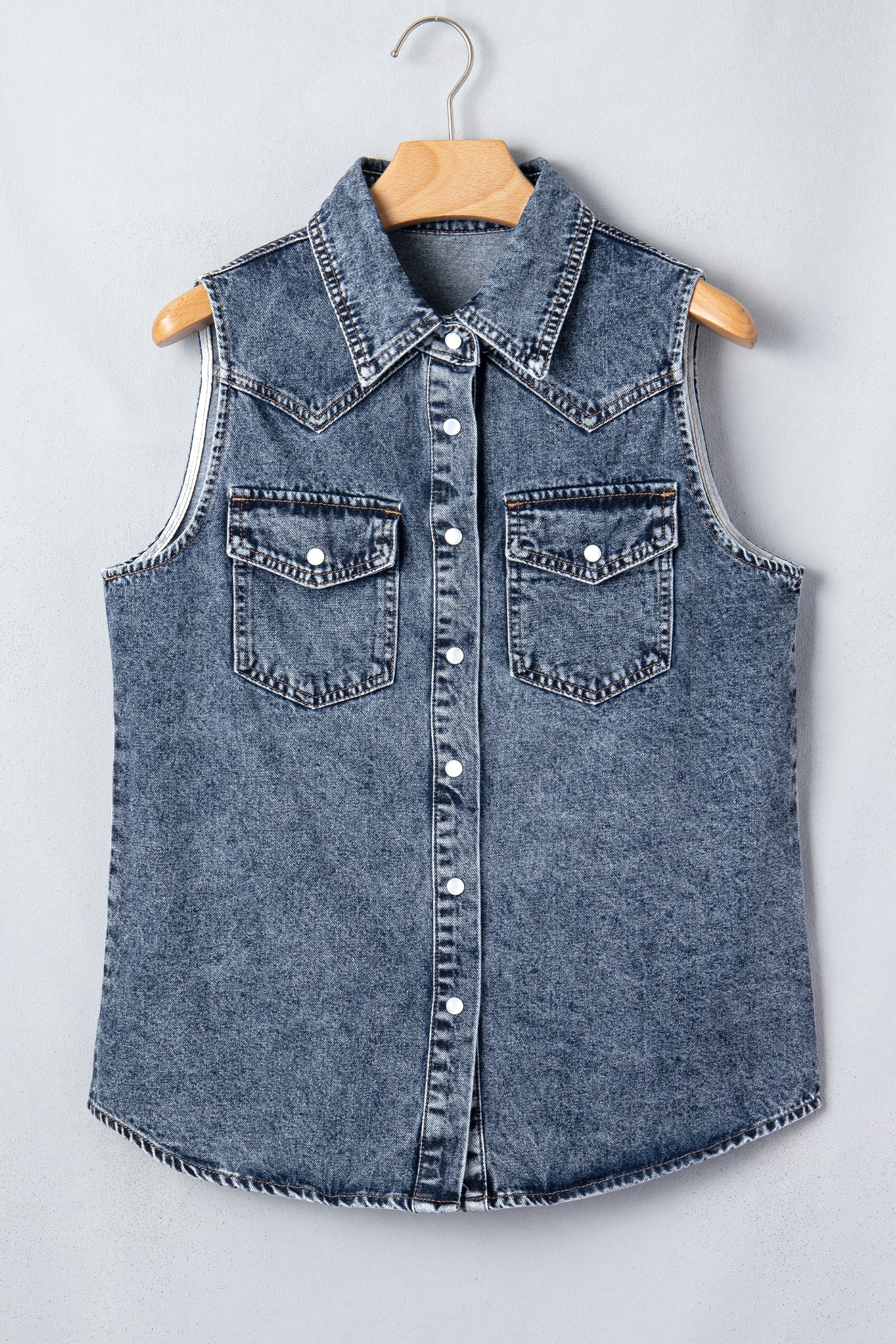 Ashleigh Blue Solid Denim Button Front Pocket Sleeveless Cowboy Vest – Dark Blue