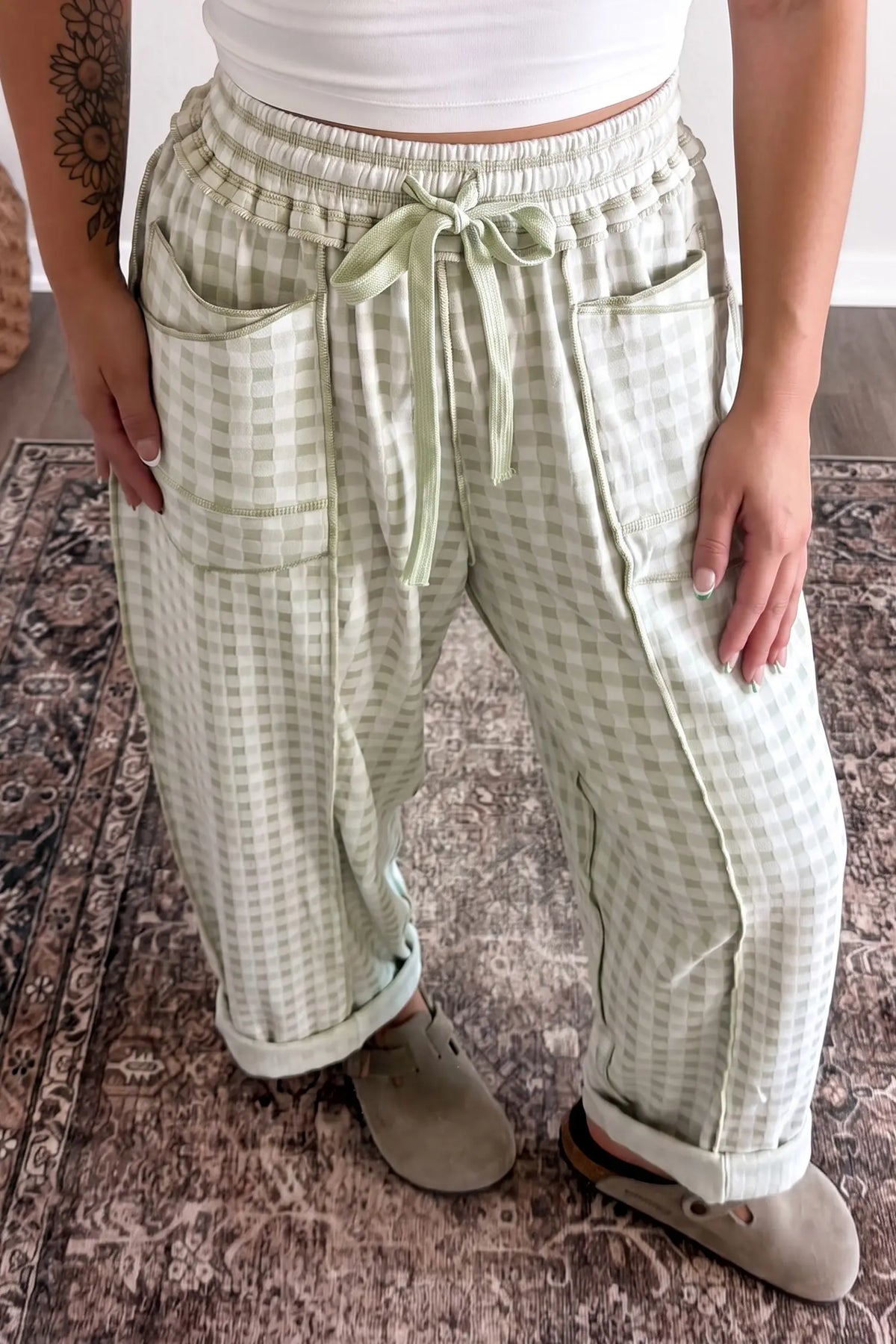 Plaid Contrast Trim Drawstring Elastic Waist Shift Pants – Green