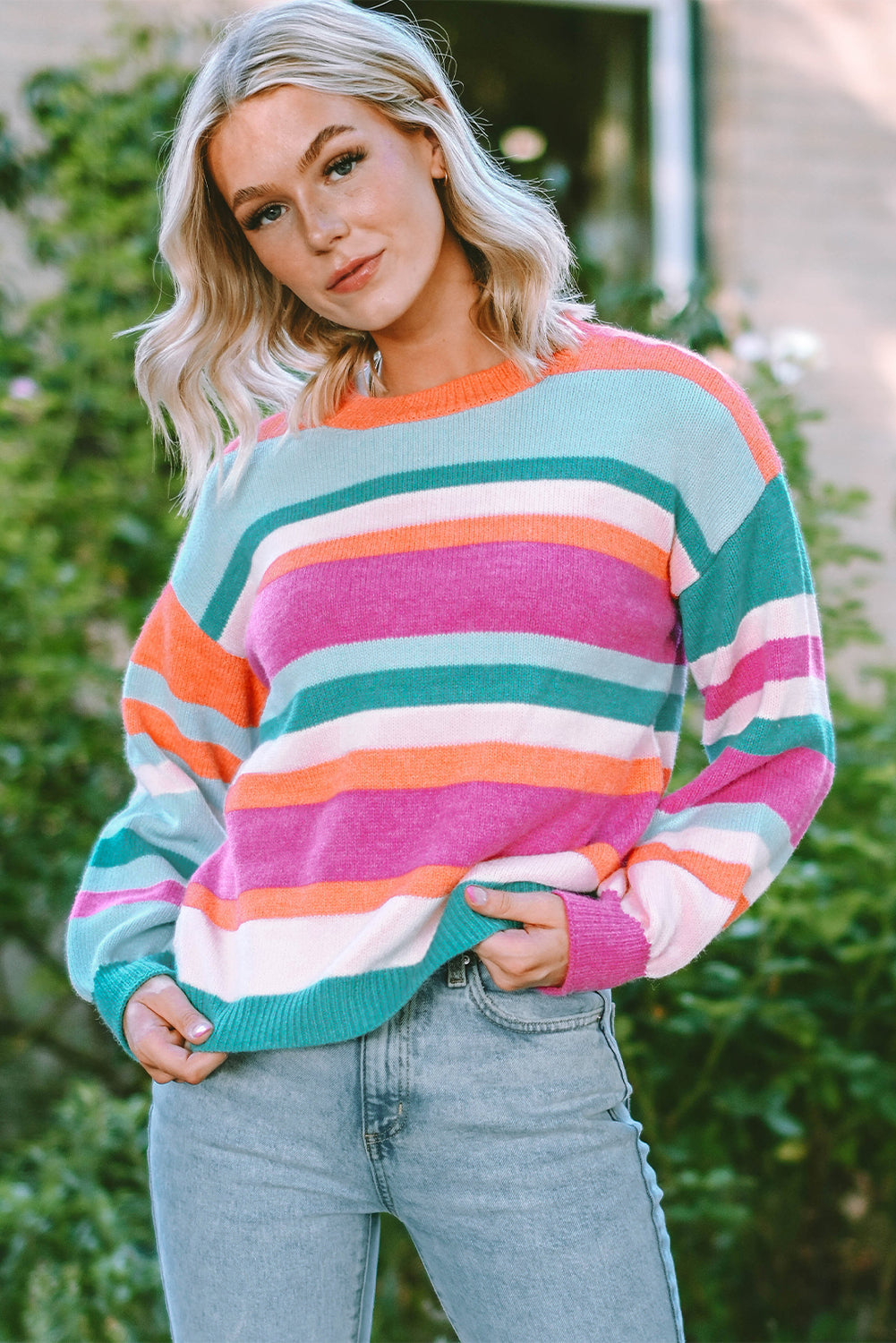MultiColour Striped Knit Drop Shoulder Puff Sleeve Sweater eAura