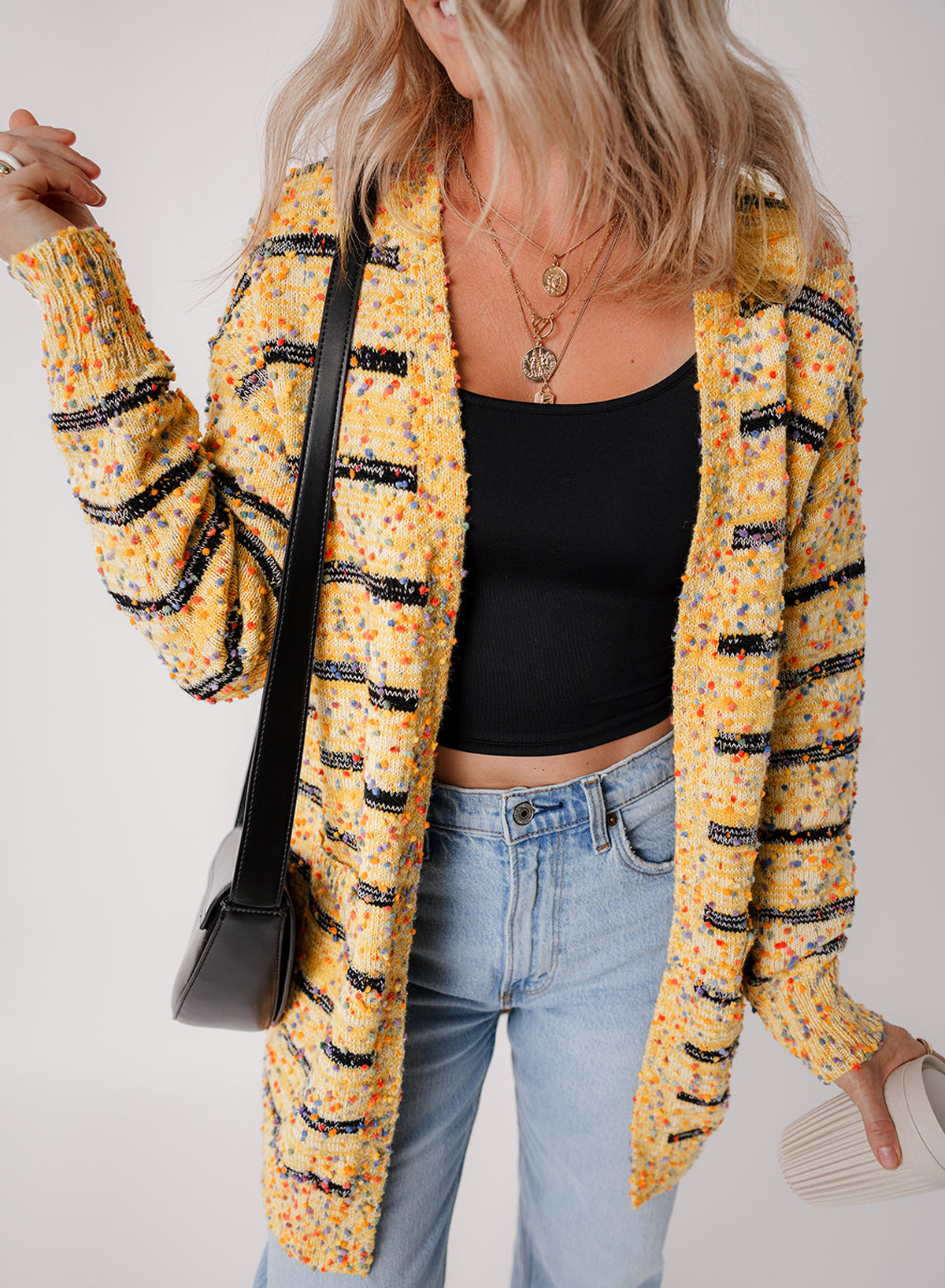 Beige Striped Pom Pom Knit Open Front Long Cardigan eAura