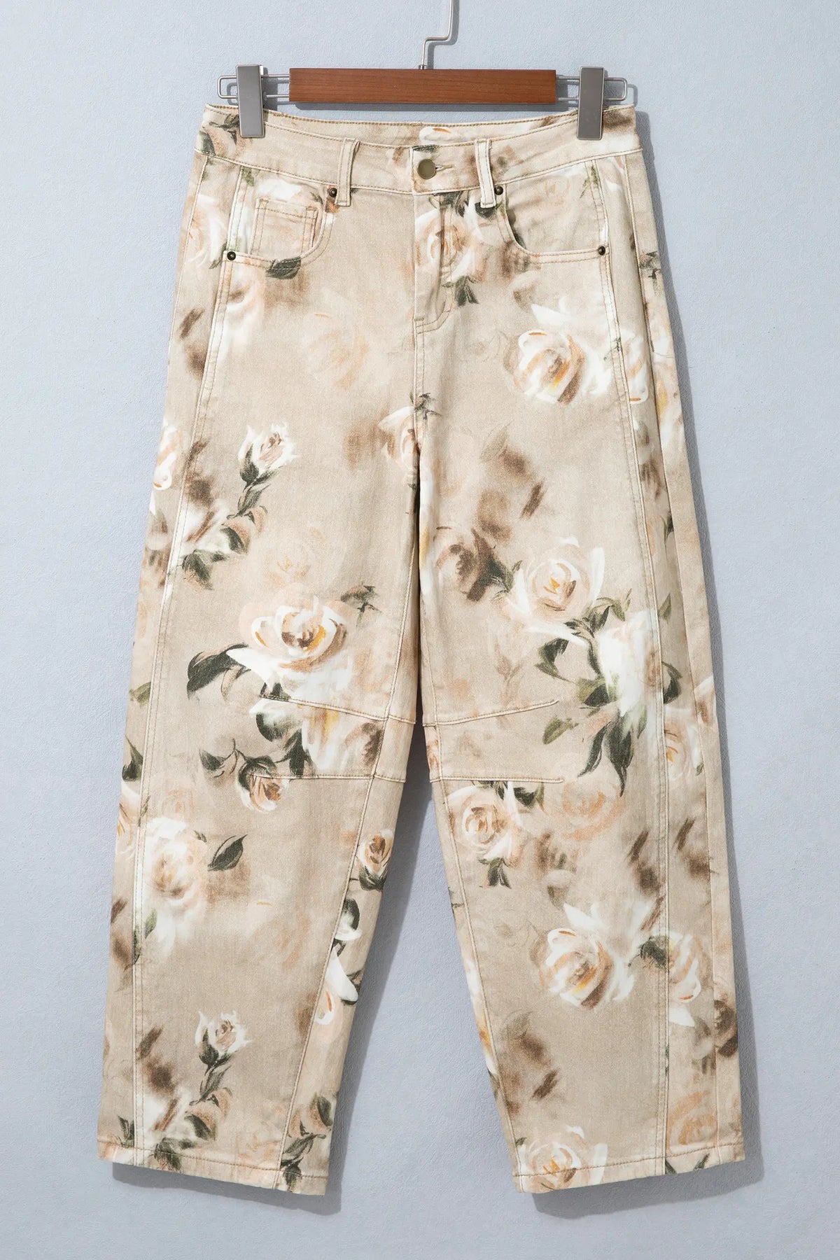 Retro Floral Print Relaxed Barrel Jeans – Khaki