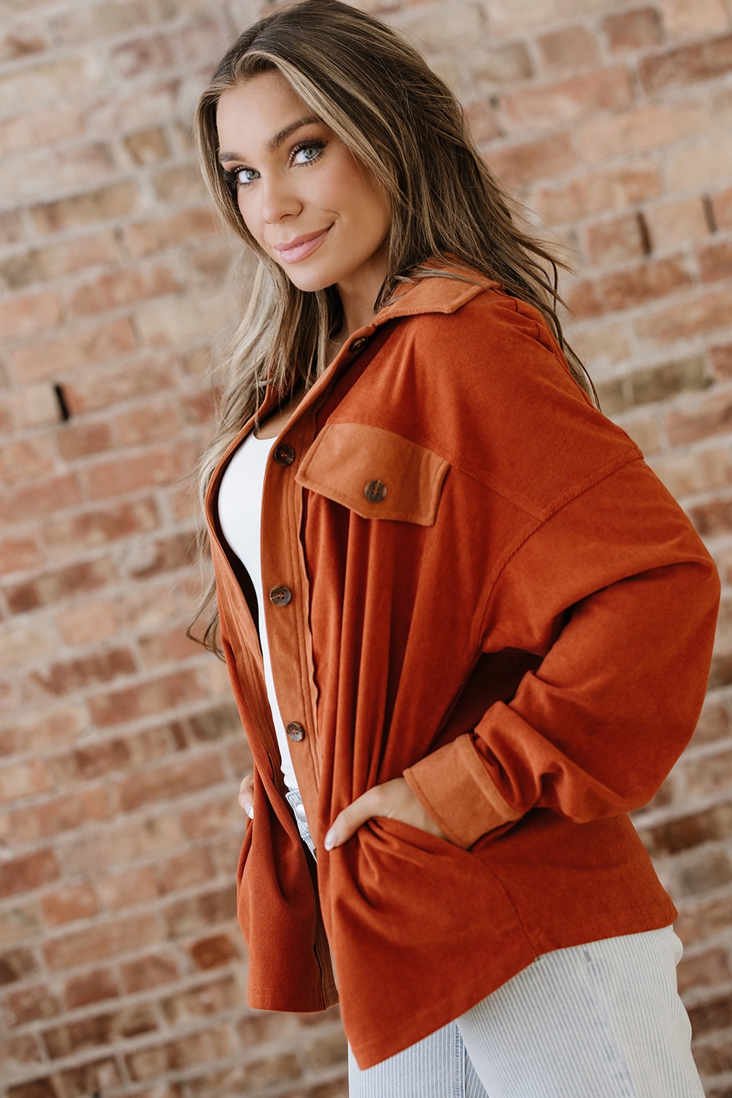 Drop Shoulder Casual Shacket With Pockets - Outerwear/Jackets
