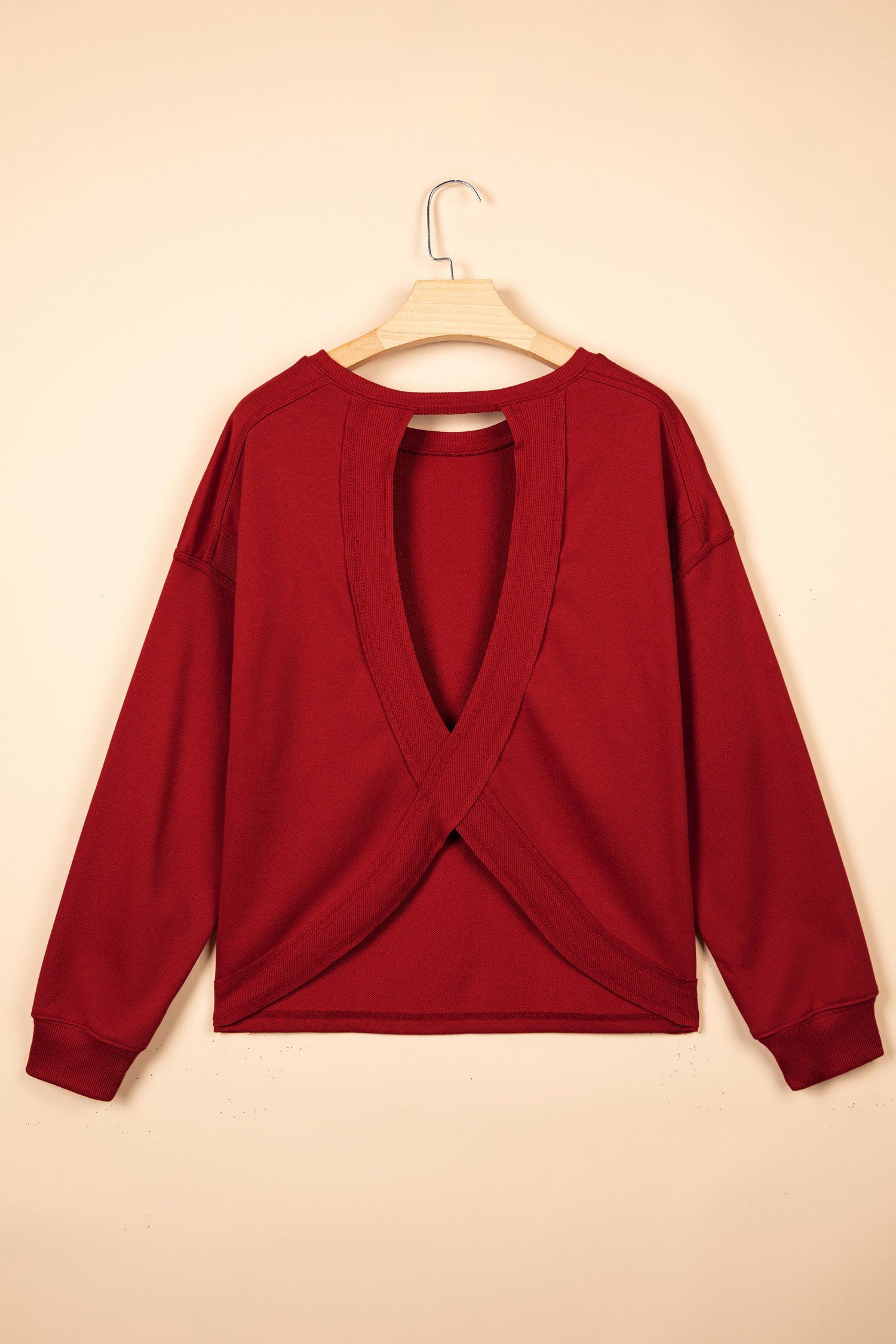 Ribbed Detail Drop Shoulder Cutout Back Sweatshirt – Racing Red