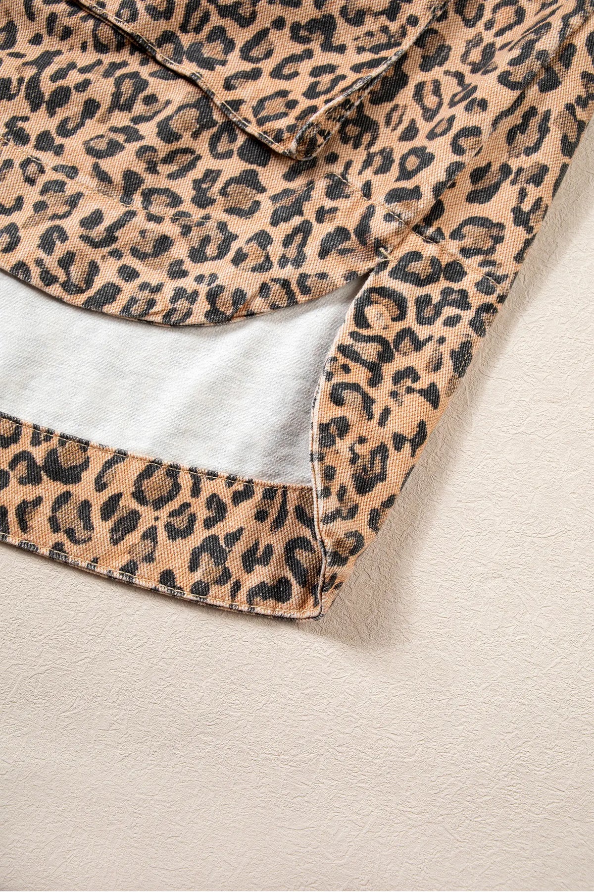 Leopard Print Collar Long Sleeve Patch Pocket Shift Denim Jacket – Khaki