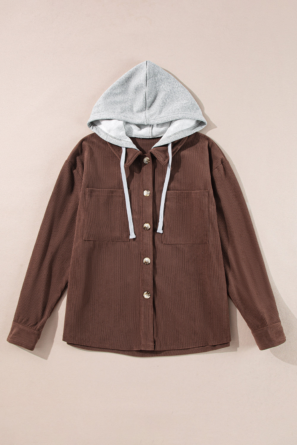 Coffee Hooded Drawstring Pockets Corduroy Shacket eAura