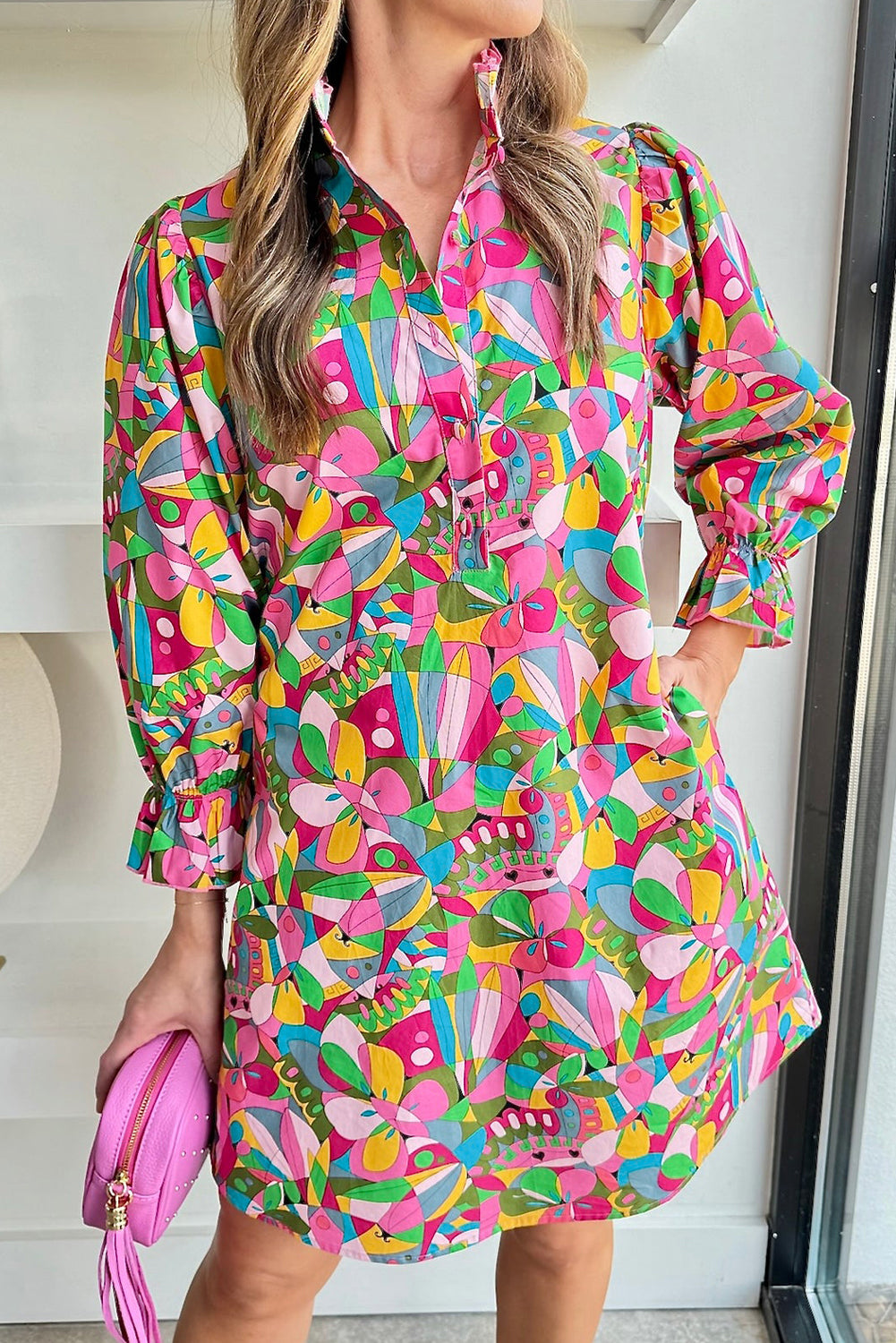 Pink Abstract Printed Lantern Sleeve Buttoned Mini Dress eAura