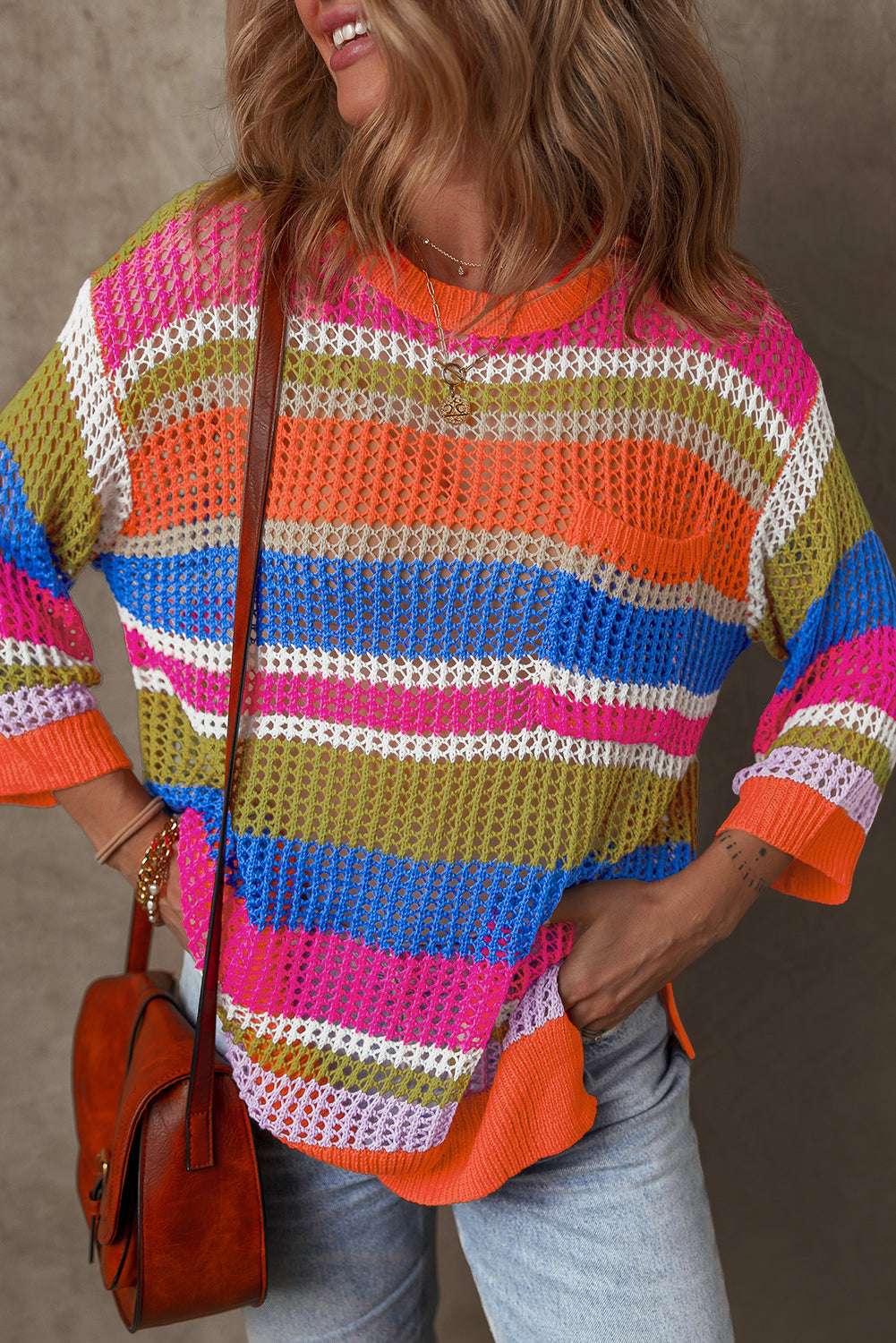Pink Stripe Colourblock Hollowed Crochet 3/4 Sleeve Sweater eAura