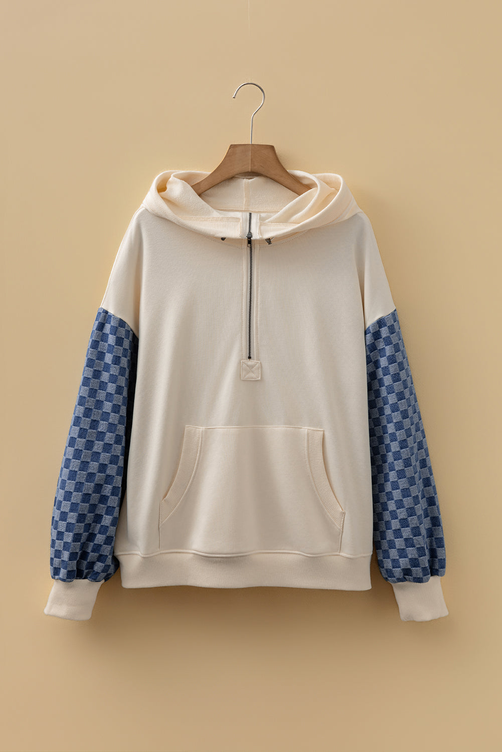 Checkered Kangaroo Pocket Half Zip Hoodie - eAura