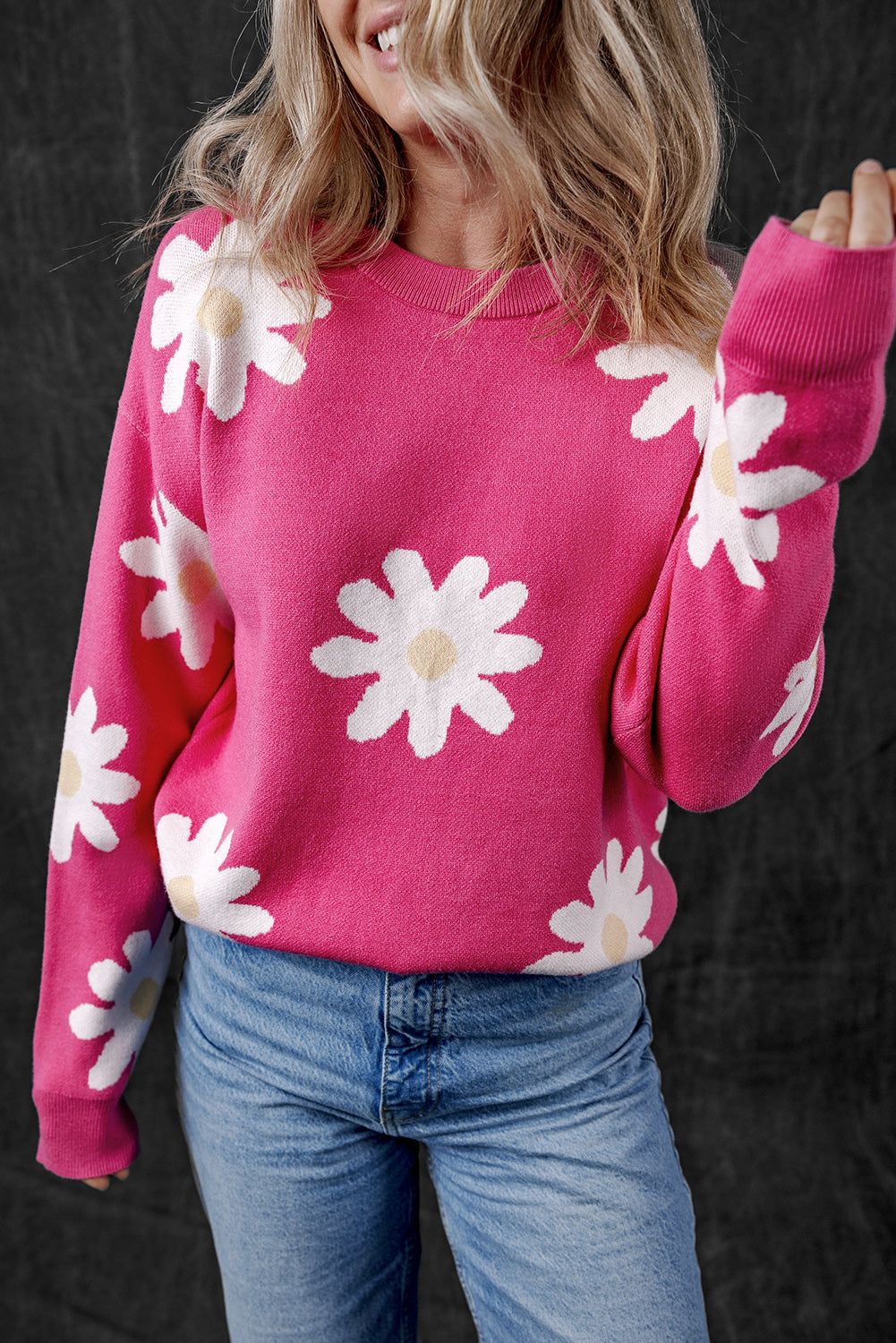 Bright Pink Daisy Flower Crew Neck Long Sleeve Sweater Beagle Boutique Fashion Outlet