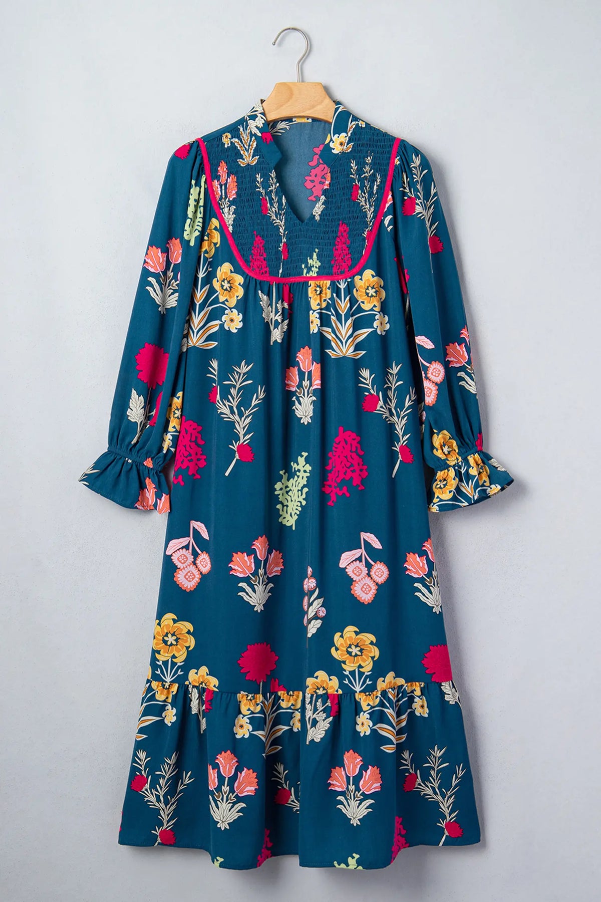 Floral Print Gathered Neckline 7/8 Sleeve Casual Midi Dress