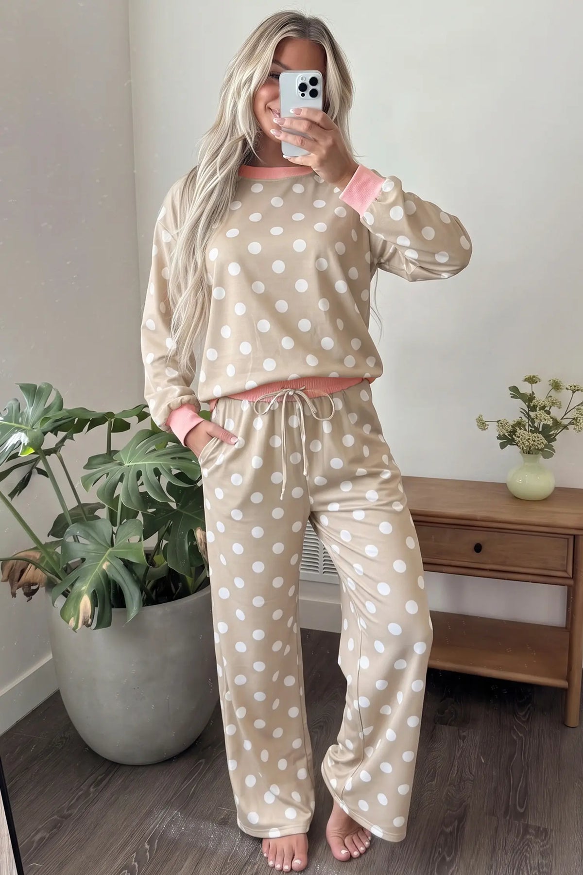 Polka Dot Contrast Trim Long Sleeve Top Drawstring Shift Pants Set – Khaki
