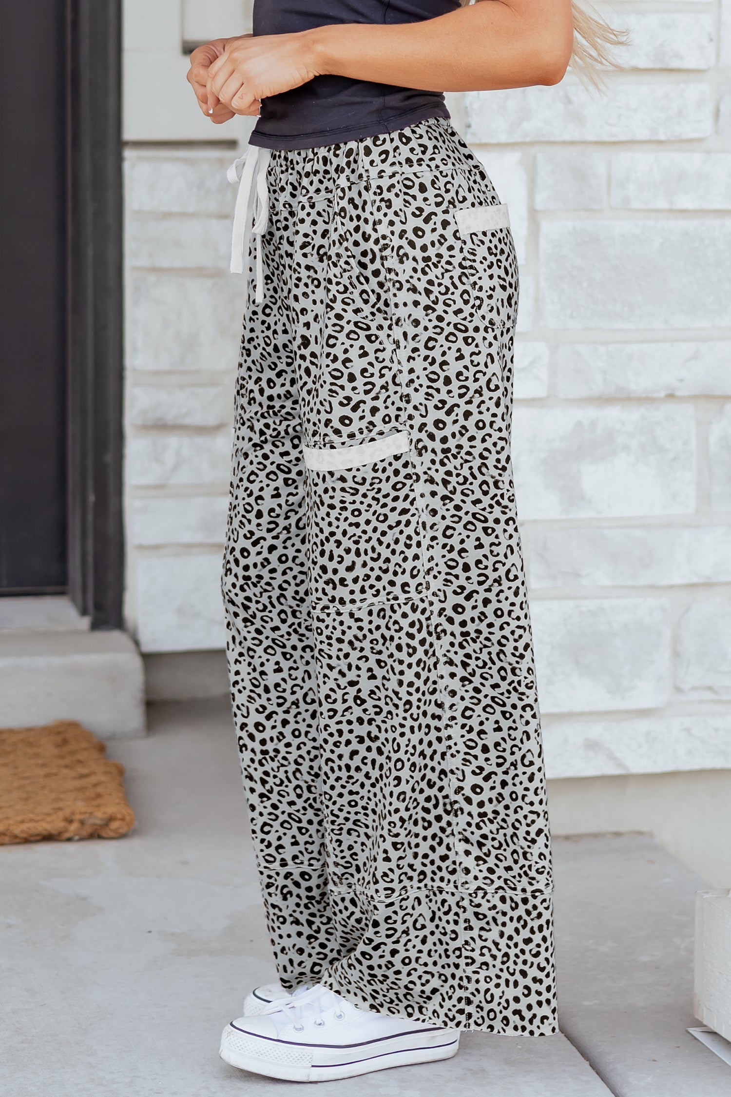 Animal Print Wide Leg Terry Knit Pants – Gray & Khaki