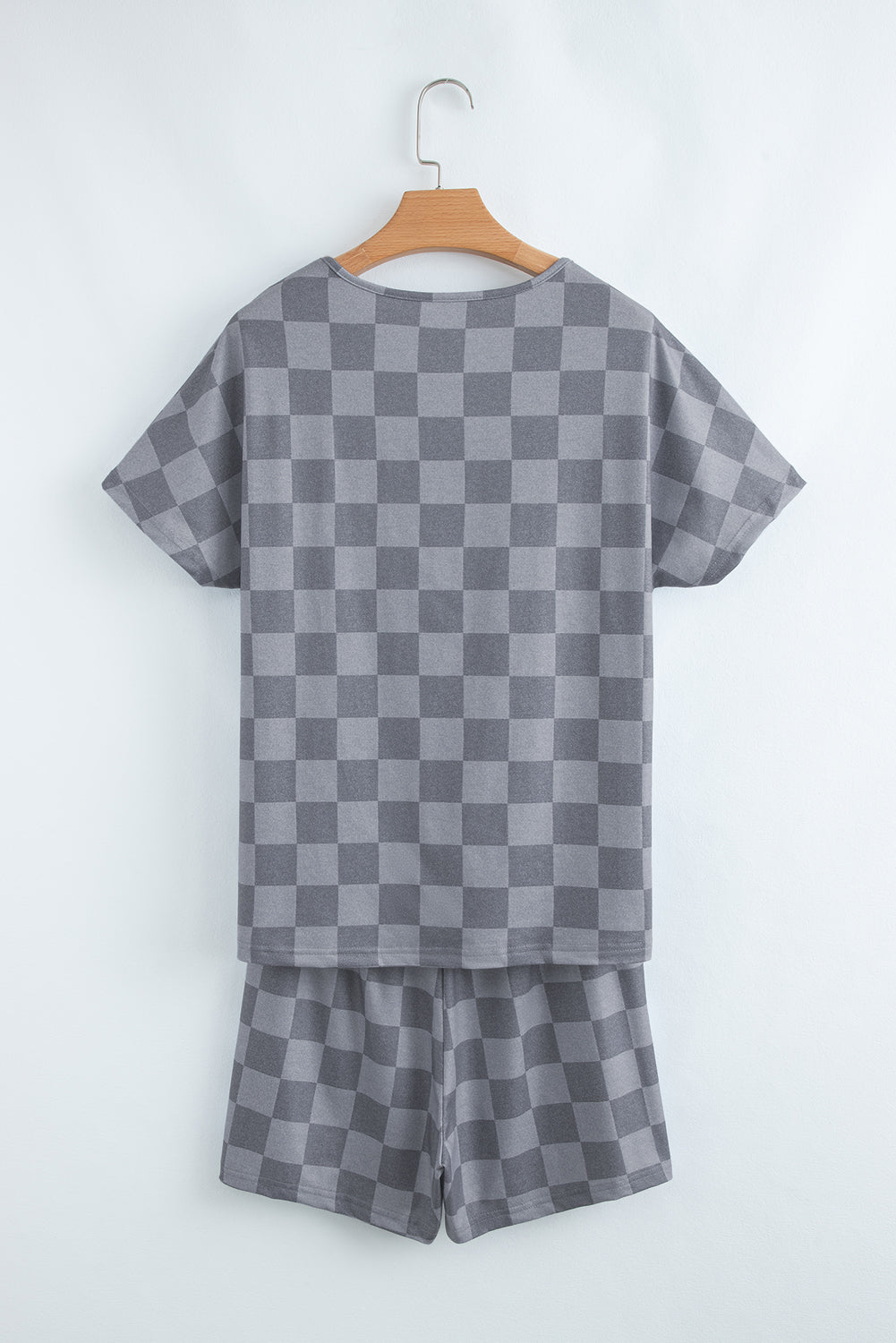 Grey Checkered V Neck Tee Drawstring Shorts Lounge Set eAura