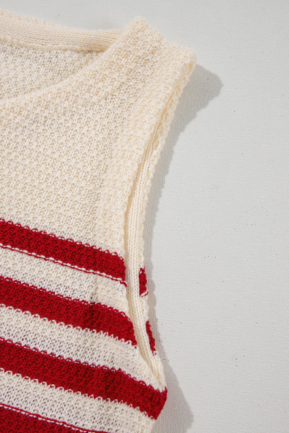 Red Stripe Textured Knit Ribbed Hem Sweater Sleeveless Top eAura