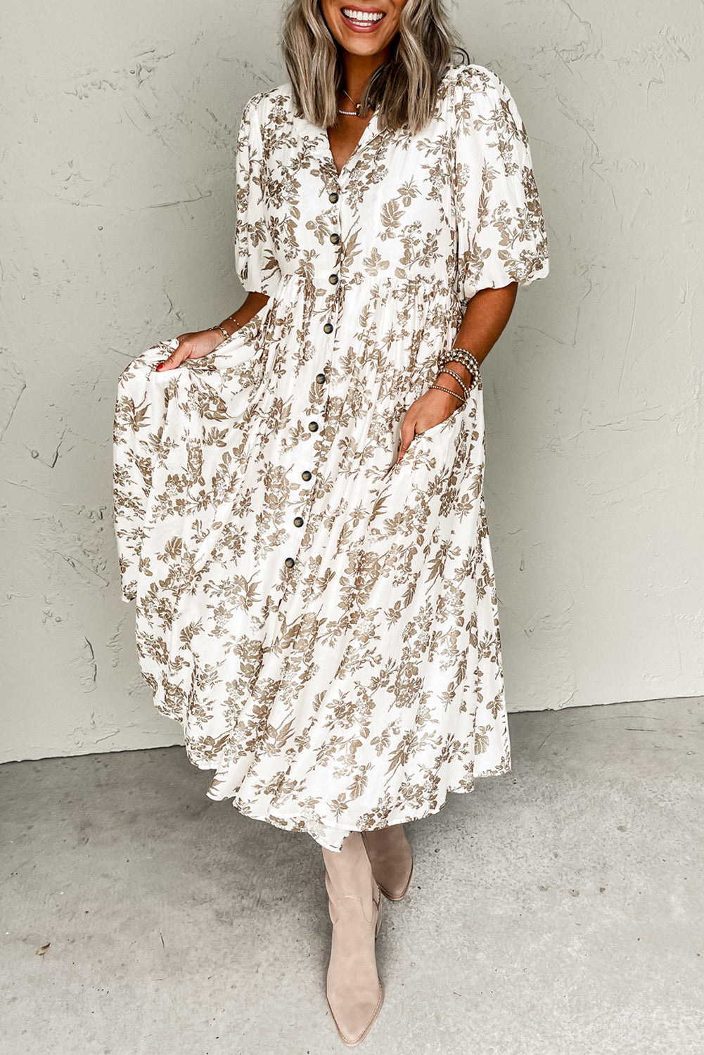Khaki Floral Puff Sleeve V Neck Buttoned Front Maxi Dress eAura