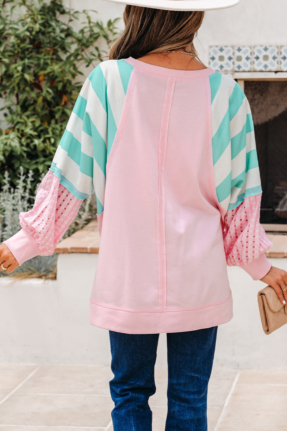 Striped Patchwork Raglan Pullover Top with Slits - eAura