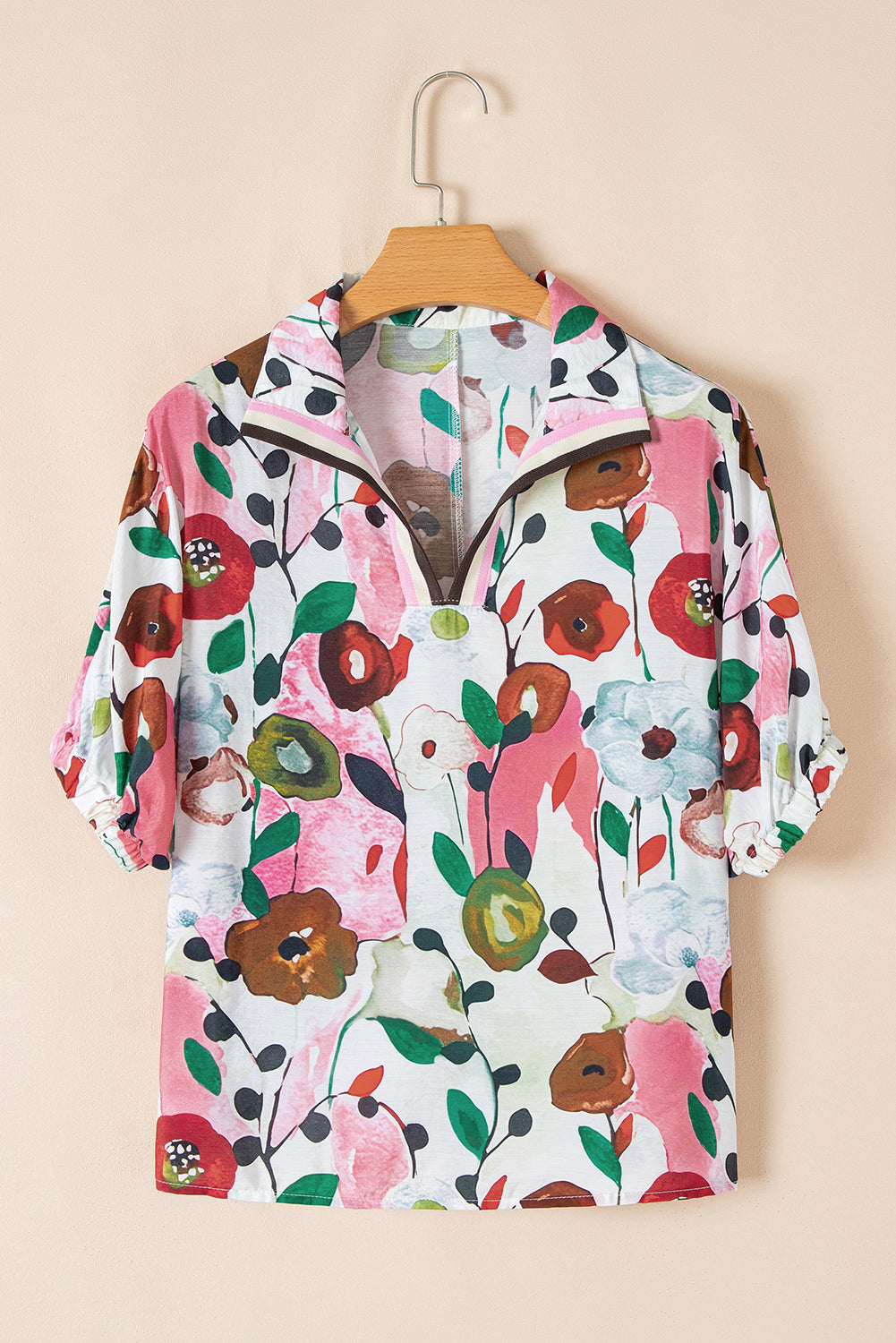 Pink Floral Print Slit V Neck Short Sleeve Blouse eAura